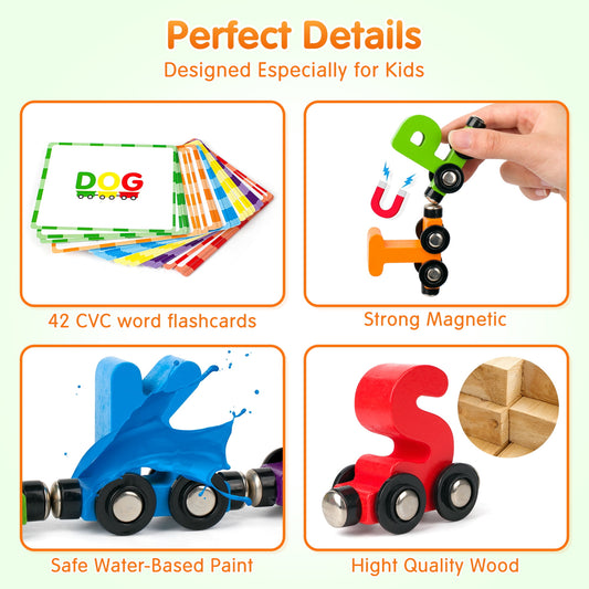 Vanmor 27 PCS Preschool Alphabet Toys Magnetic Wooden Train Sets | ABC Letter Learning Toy Trains with 42 PCS Flash Cards | Kids Boys Girls Educational Toys for 3 4 5 6 7 Years Old