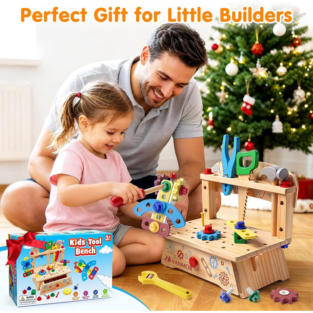 Vanmor Wooden Tool Set for Kids, 57 PCS Portable Toddler Tools with Bench,Montessori STEM Educational Pretend Play Construction Toys,Preschool Learning Gifts for 3-6 Year Old Boys Girls