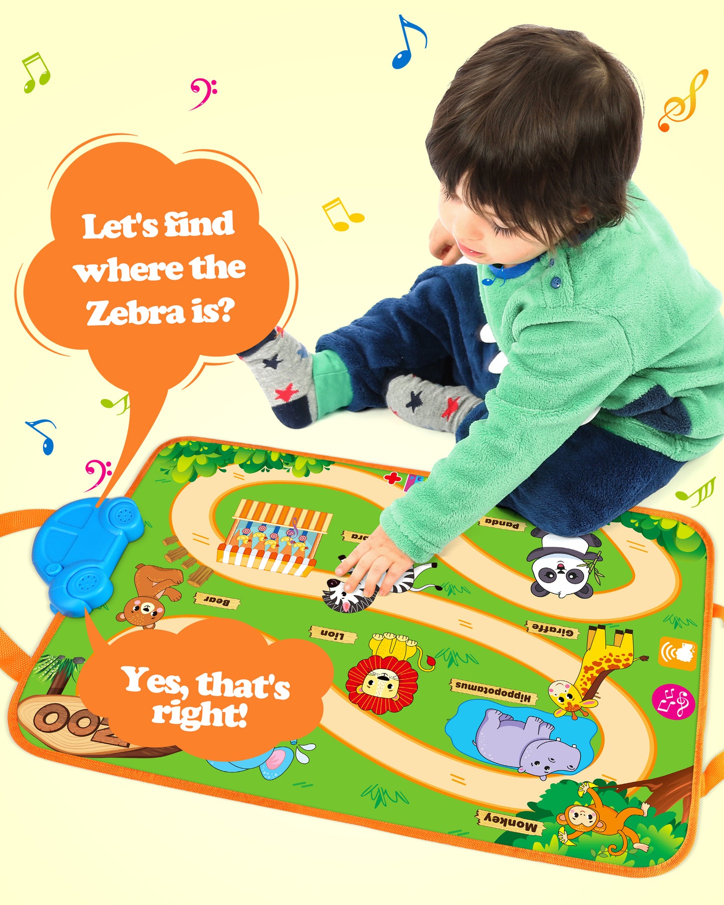 Vanmor Baby Car Toys for 12 Month Old Toys, Musical Playmat with 4 Animal Soft Pull-Back Vehiclefor 1 Year Old