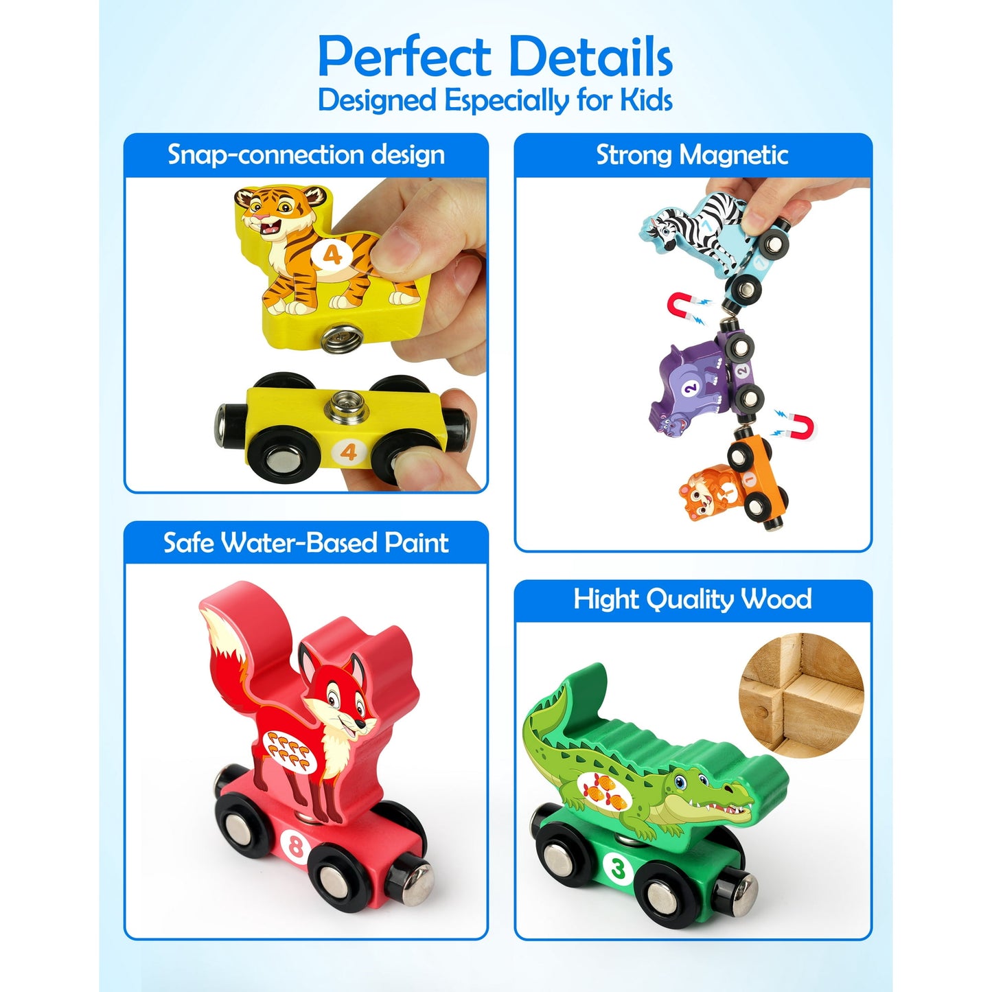 Vanmor Wooden Train Set with Animal Toys, Snap-Connection Animal Train, Matching and Number Train Learning Toys, Fine Motor Skill Educational Toy Gift for 3 4 5 Years Old Kids