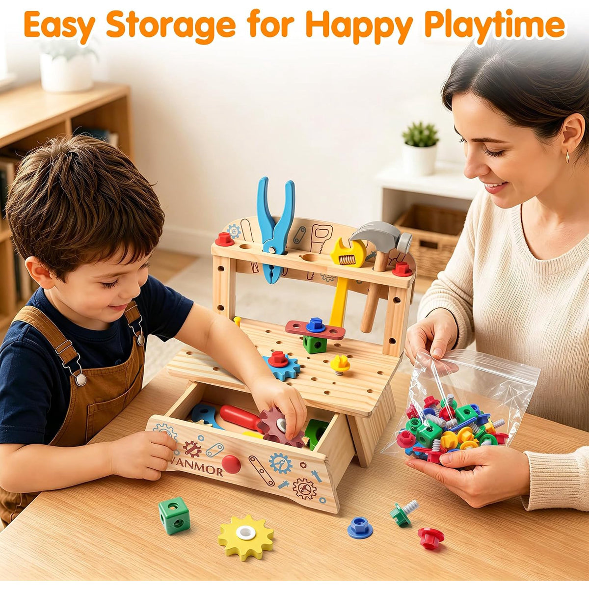 Vanmor Wooden Tool Set for Kids, 57 PCS Portable Toddler Tools with Bench,Montessori STEM Educational Pretend Play Construction Toys,Preschool Learning Gifts for 3-6 Year Old Boys Girls