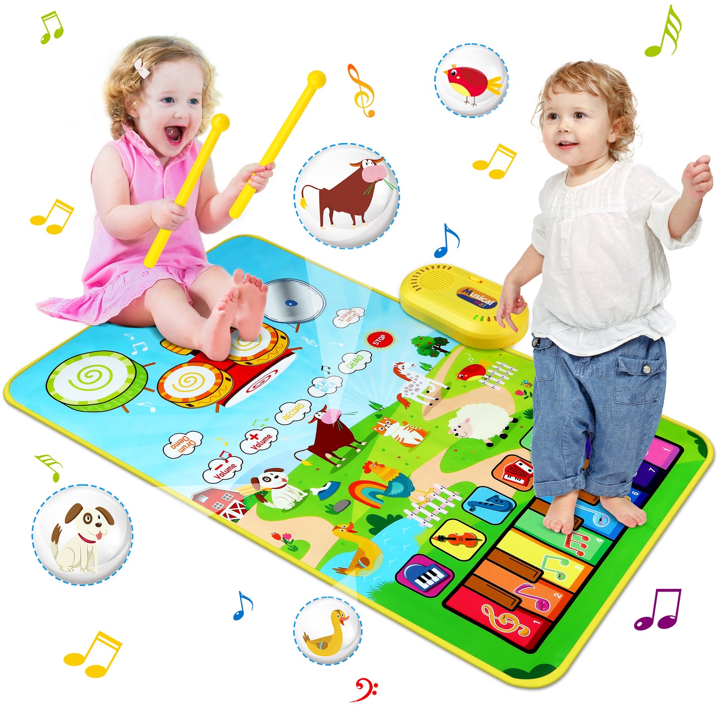 Vanmor Musical Toys Child Floor Piano Keyboard and Drum Mat Carpet with 2 Sticks