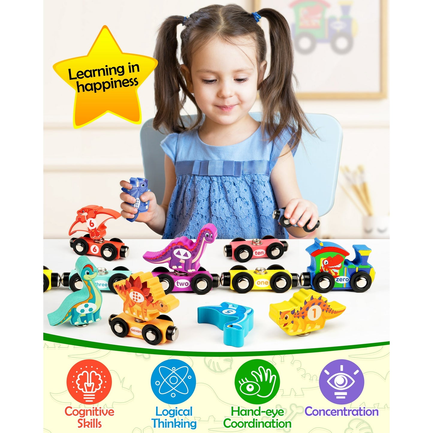 Wooden Train Set with Dinosaurs Toys - Vanmor Toys for Toddlers,Educational Toddler Matching and Magnetic Number Train Learning Toys for Kids Ages 3-5. Montessori Gift for Boys and Girls，11PCS