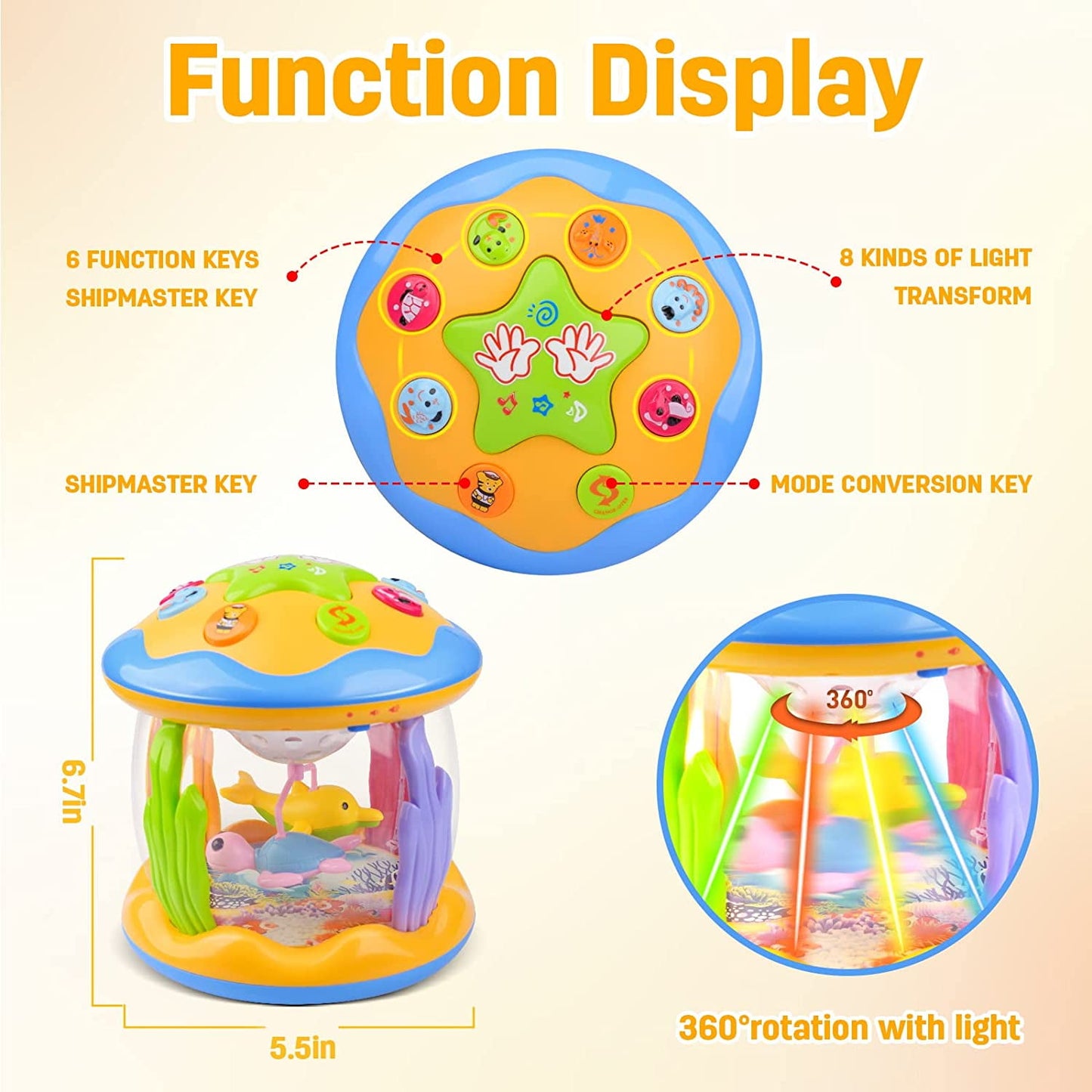 Vanmor Baby Musical Toys with Light Up for Toddlers 1 2 3, Christmas Toys Rotating Ocean Projector Infant Toys 12-18 Month, Sitting Crawling Interactive Toys for Babies, Gifts Toys for Toddler