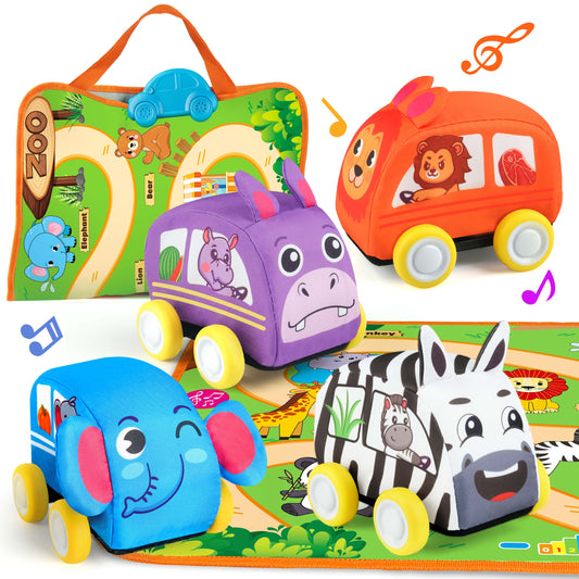 Vanmor Baby Car Toys for 12 Month Old Toys, Musical Playmat with 4 Animal Soft Pull-Back Vehiclefor 1 Year Old