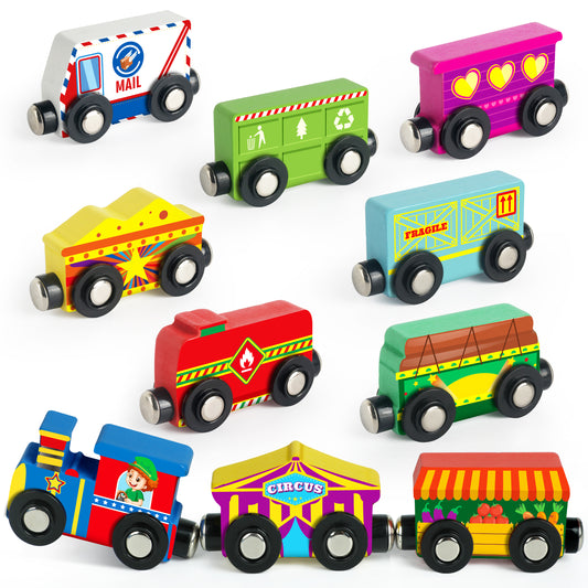 Vanmor Wooden Magnetic Train Set for Toddlers,10-Piece Educational Toy Cars