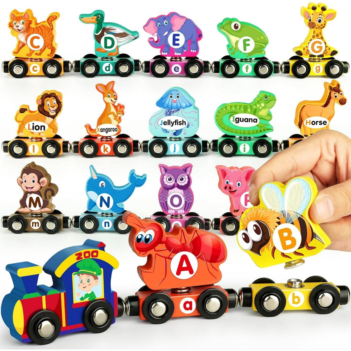 Vanmor Wooden Train Set for Toddlers - Snap-Connection Animal Trains, Magnetic Alphabet Train Learning Toys, STEM Preschool Toys, ABC and Animal Play Set for Kids Ages 3-5 Christmas Gifts for Kids