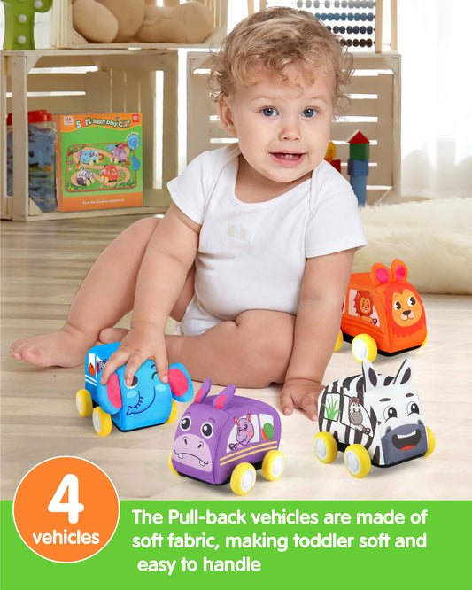 Vanmor Baby Car Toys for 12 Month Old Toys, Musical Playmat with 4 Animal Soft Pull-Back Vehiclefor 1 Year Old