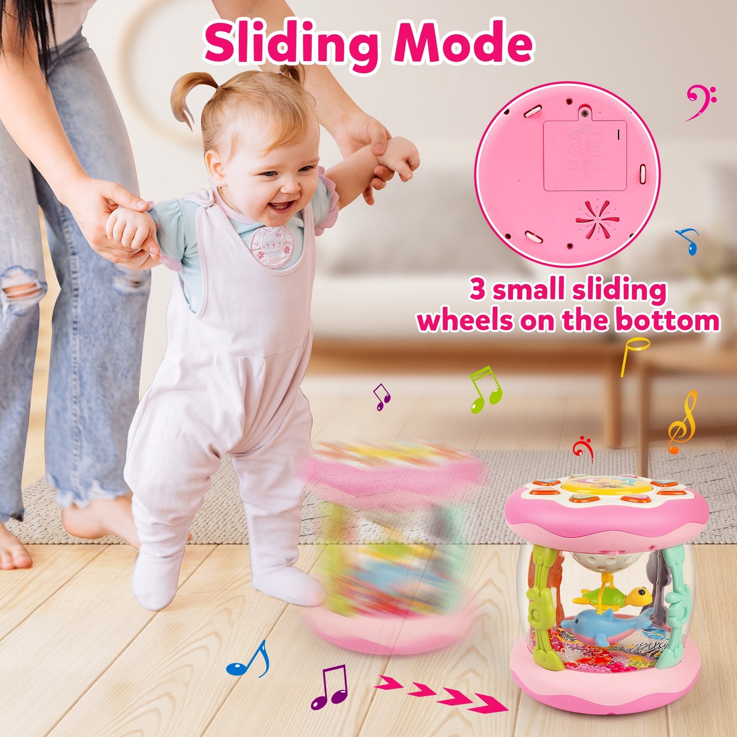 Vanmor Baby Girl Toys 6-12 Months- Pink Musical Light Up Ocean Rotating Tummy Time Infant Learning Crawling Pink Toys Babies Boys 1 2 3 Year Old for Birthday Baby Gifts