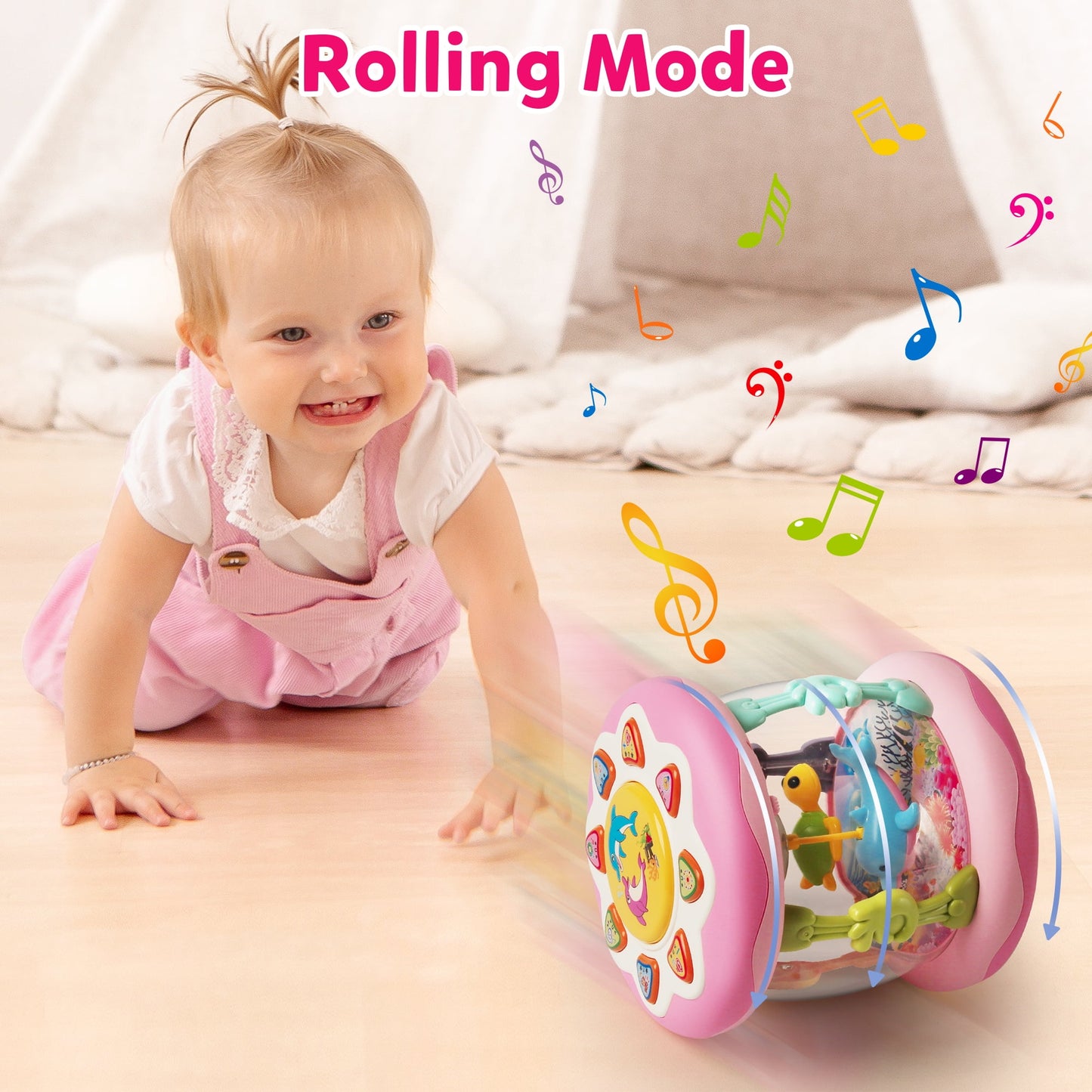 Vanmor Baby Girl Toys 6-12 Months- Pink Musical Light Up Ocean Rotating Tummy Time Infant Learning Crawling Pink Toys Babies Boys 1 2 3 Year Old for Birthday Baby Gifts