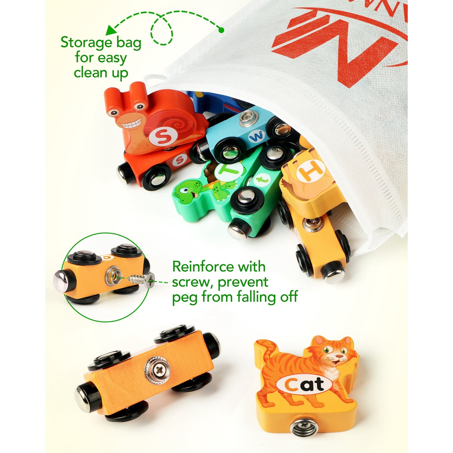Vanmor Wooden Train Set for Toddlers - Snap-Connection Animal Trains, Magnetic Alphabet Train Learning Toys, STEM Preschool Toys, ABC and Animal Play Set for Kids Ages 3-5 Christmas Gifts for Kids