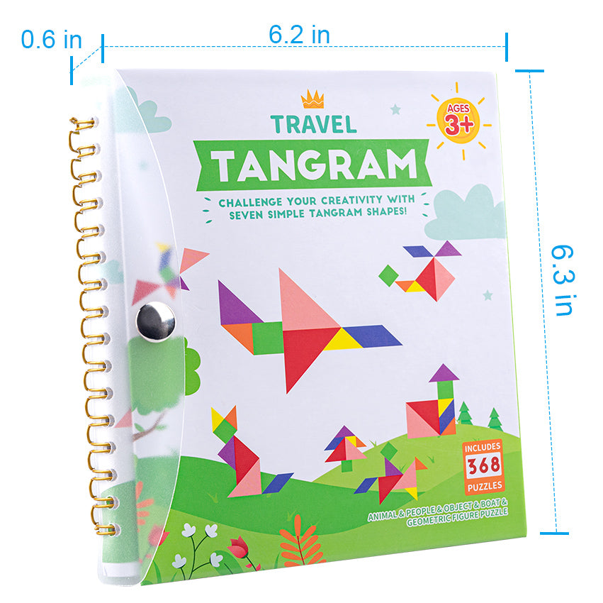 Vanmor Travel Tangram Puzzle with 2 Sets Magnetic Plate-Montessori Shape Pattern Blocks Jigsaw Road Trip Games with 368 Solution - IQ Book Educational Toy Brain Teaser Gift for Kids Adults Challenge