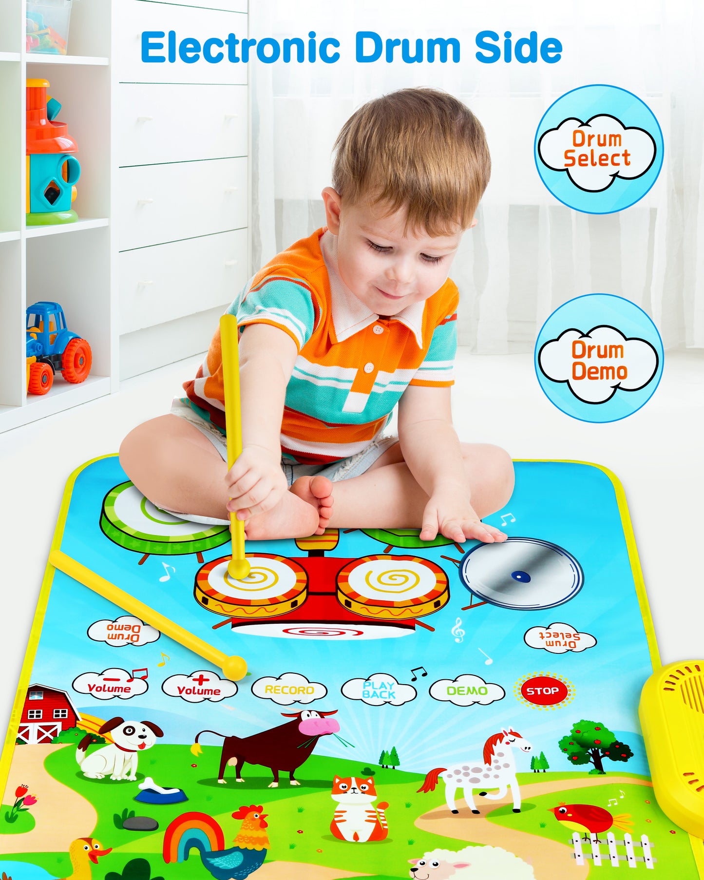 Vanmor Musical Toys Child Floor Piano Keyboard and Drum Mat Carpet with 2 Sticks