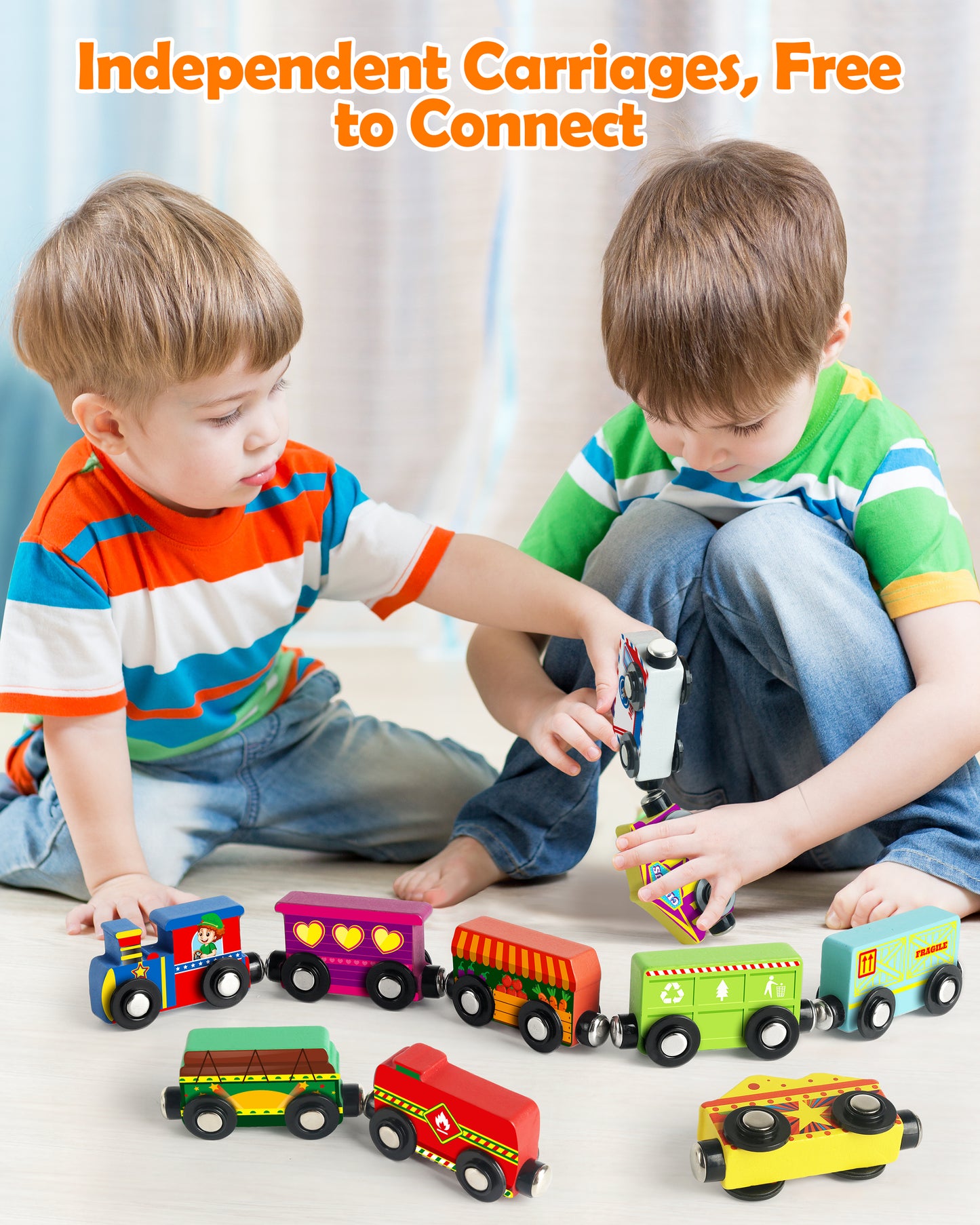 Vanmor Wooden Magnetic Train Set for Toddlers,10-Piece Educational Toy Cars