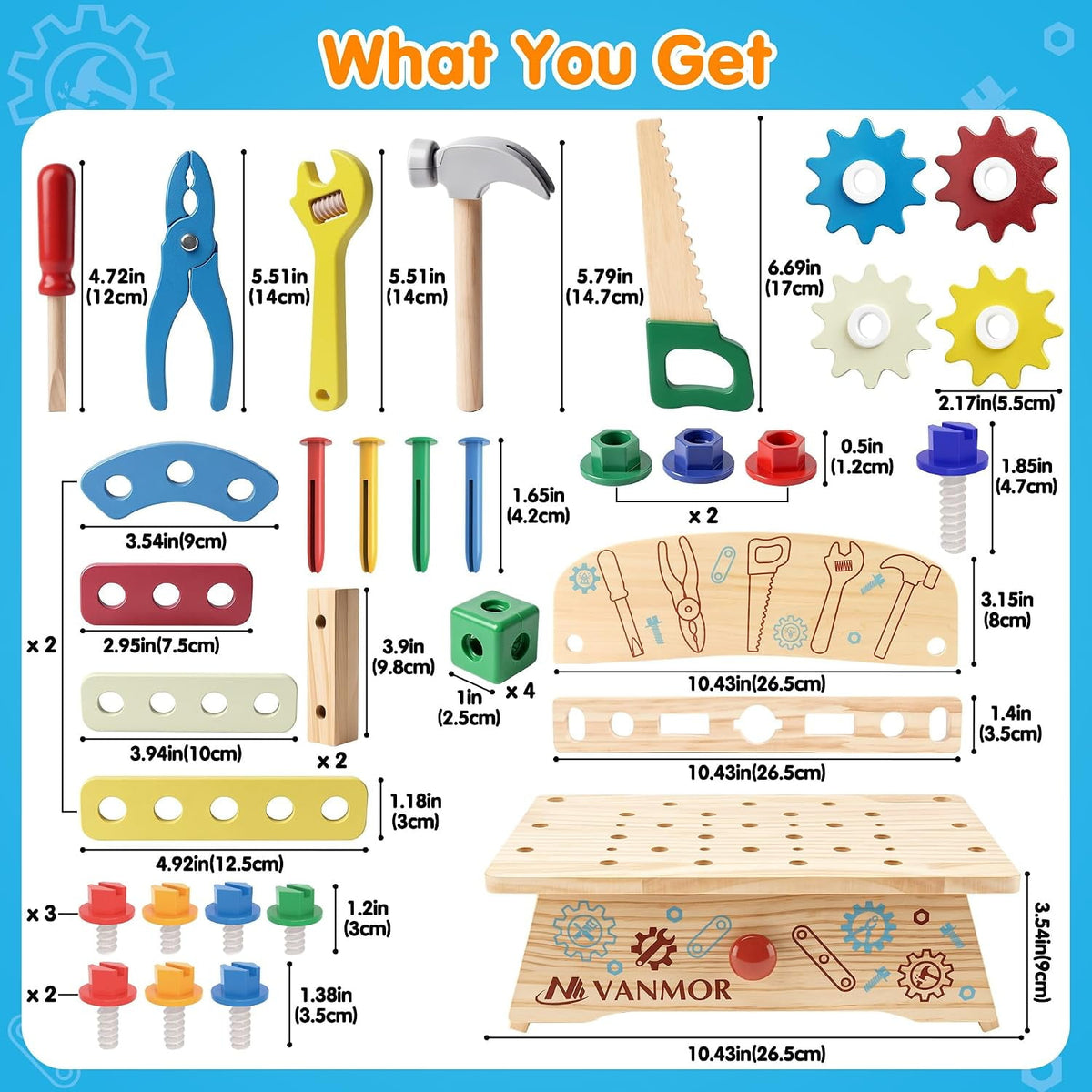 Vanmor Wooden Tool Set for Kids, 57 PCS Portable Toddler Tools with Bench,Montessori STEM Educational Pretend Play Construction Toys,Preschool Learning Gifts for 3-6 Year Old Boys Girls