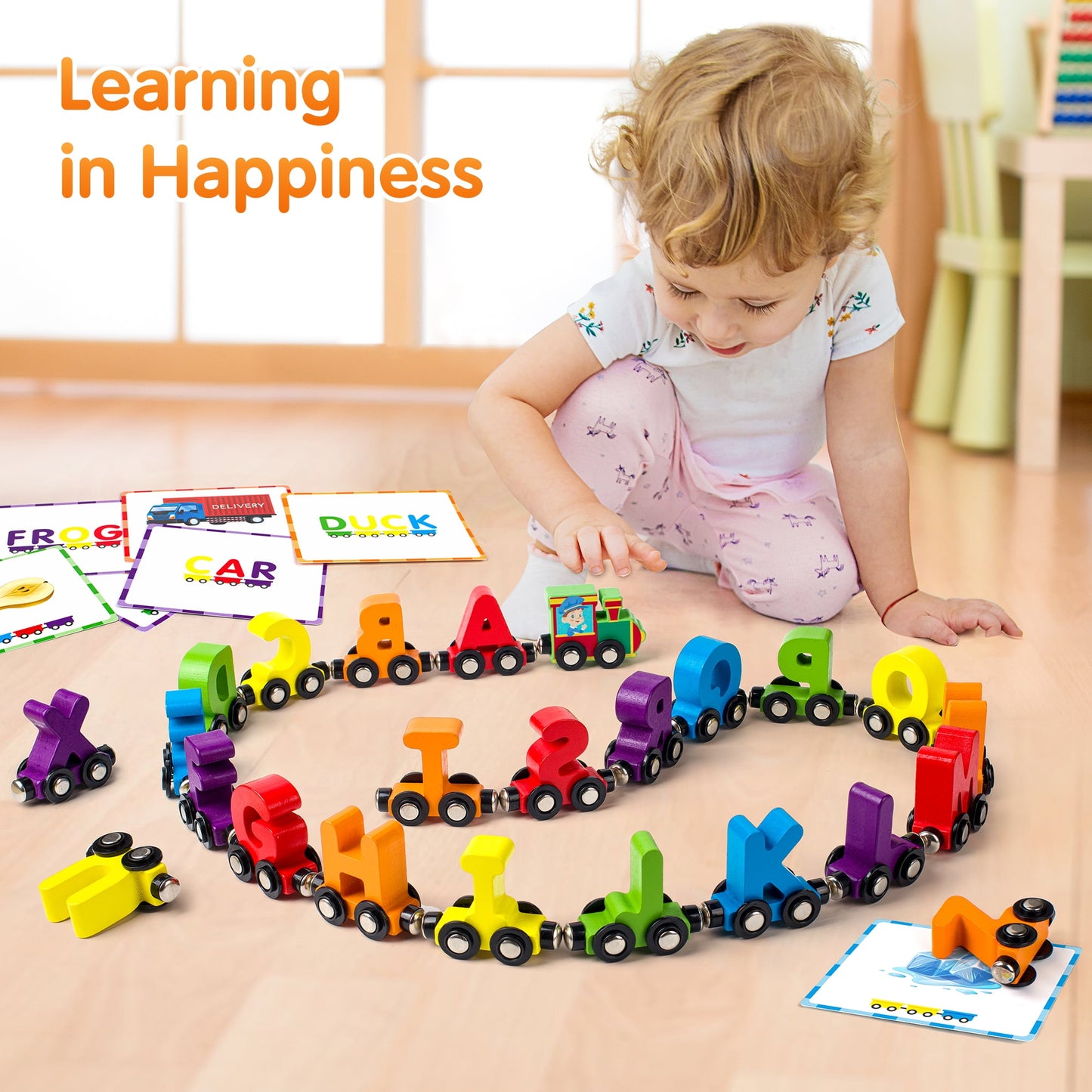Vanmor 27 PCS Preschool Alphabet Toys Magnetic Wooden Train Sets | ABC Letter Learning Toy Trains with 42 PCS Flash Cards | Kids Boys Girls Educational Toys for 3 4 5 6 7 Years Old