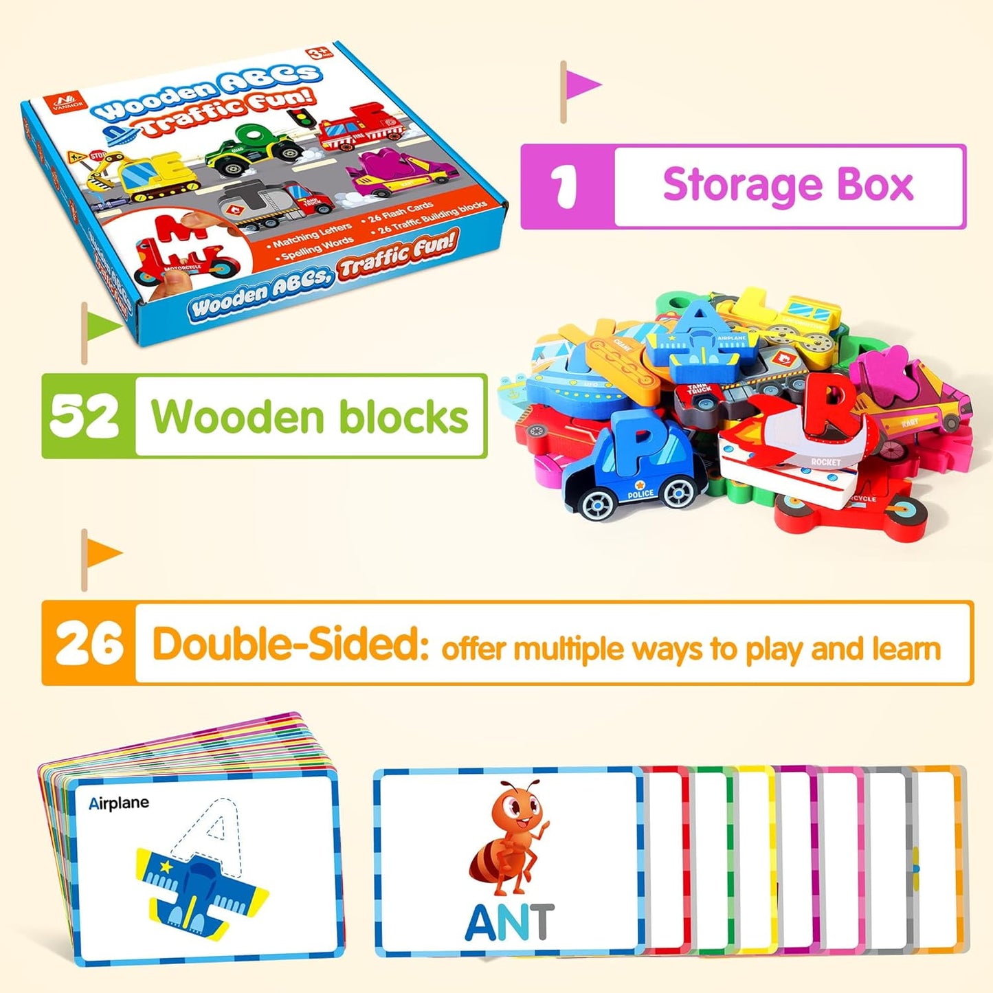 Wooden Alphabet Puzzle Learning Toys for Kids Ages 3-5 , Traffic ABC Letter Sight Words Matching Game with 52 Blocks and Flash Cards, Montessori Spelling Game Preschool Toys for Kids 4-8