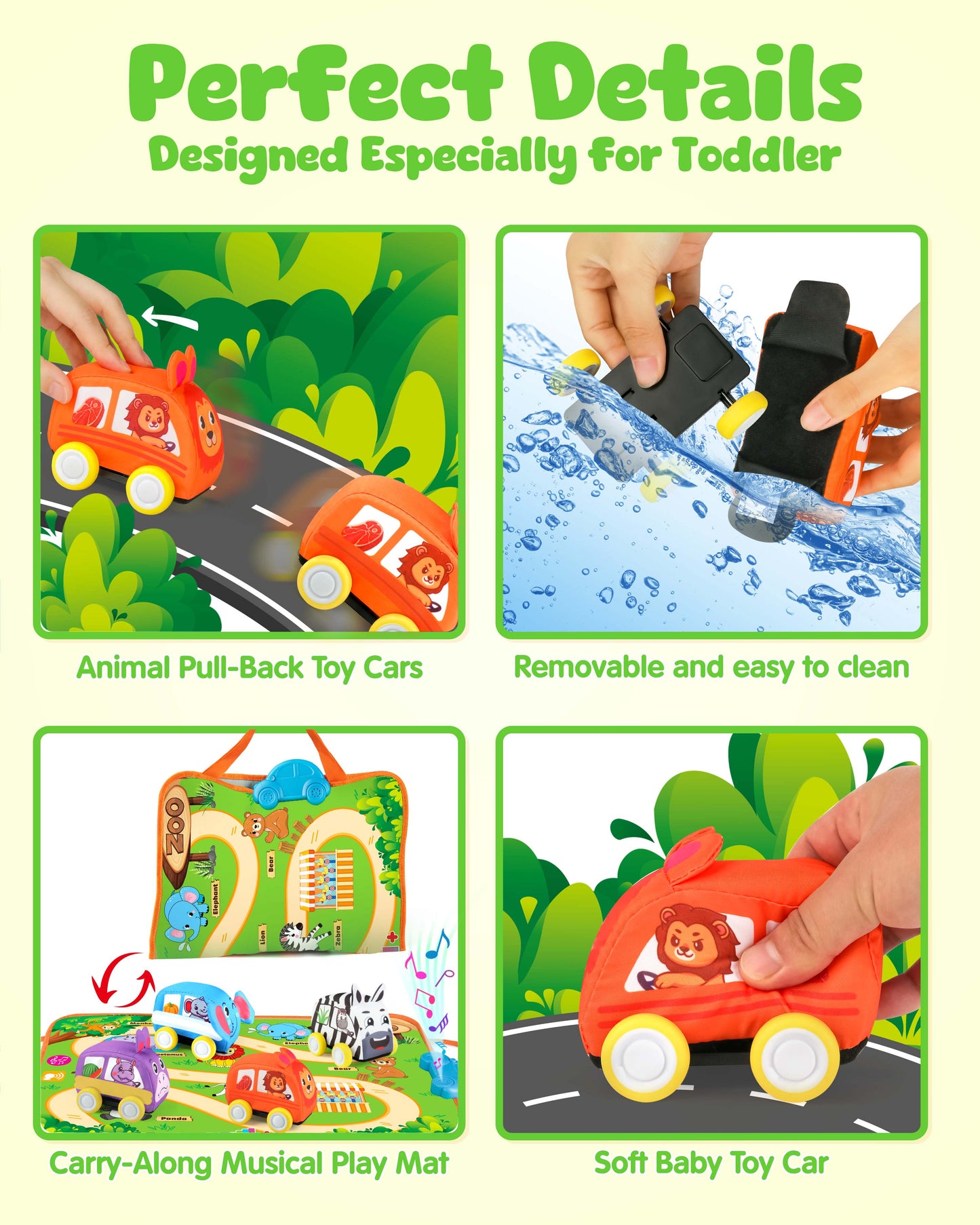 Vanmor Baby Car Toys for 12 Month Old Toys, Musical Playmat with 4 Animal Soft Pull-Back Vehiclefor 1 Year Old