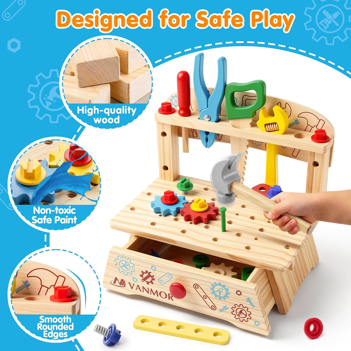 Vanmor Wooden Tool Set for Kids, 57 PCS Portable Toddler Tools with Bench,Montessori STEM Educational Pretend Play Construction Toys,Preschool Learning Gifts for 3-6 Year Old Boys Girls