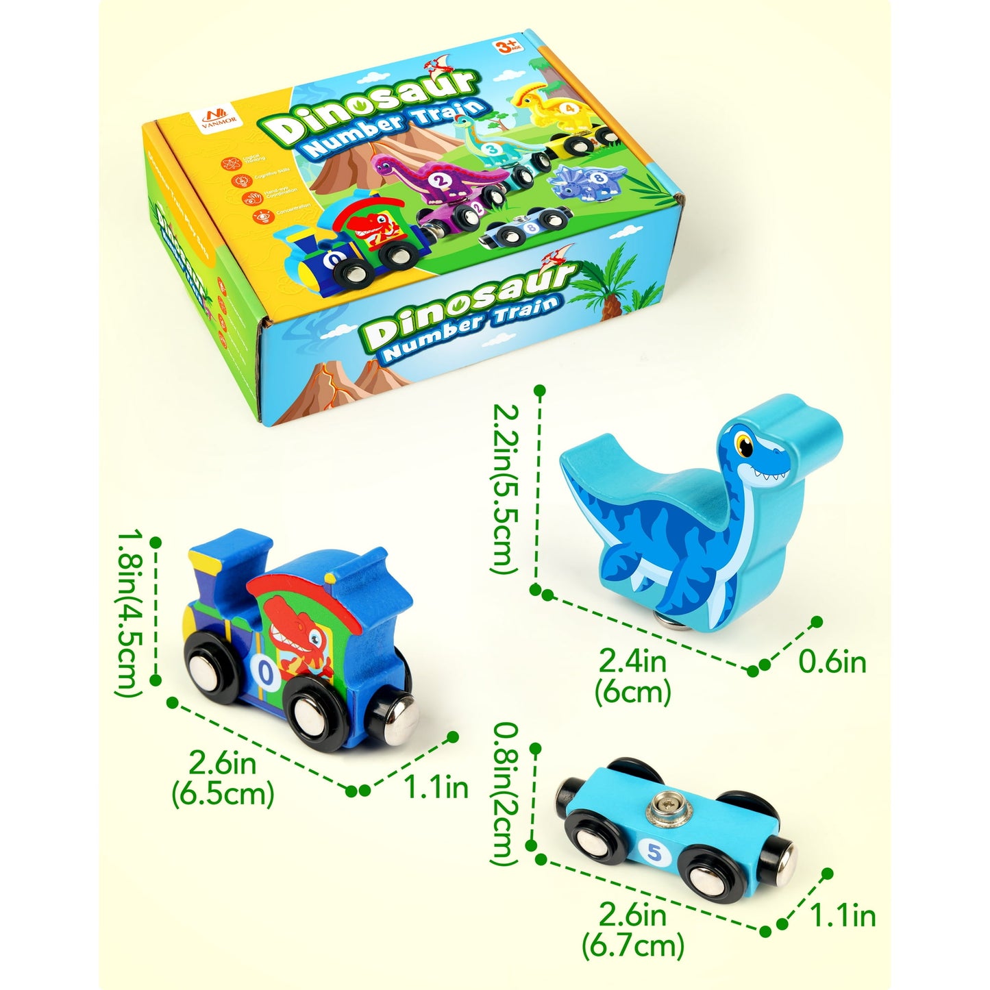 Wooden Train Set with Dinosaurs Toys - Vanmor Toys for Toddlers,Educational Toddler Matching and Magnetic Number Train Learning Toys for Kids Ages 3-5. Montessori Gift for Boys and Girls，11PCS