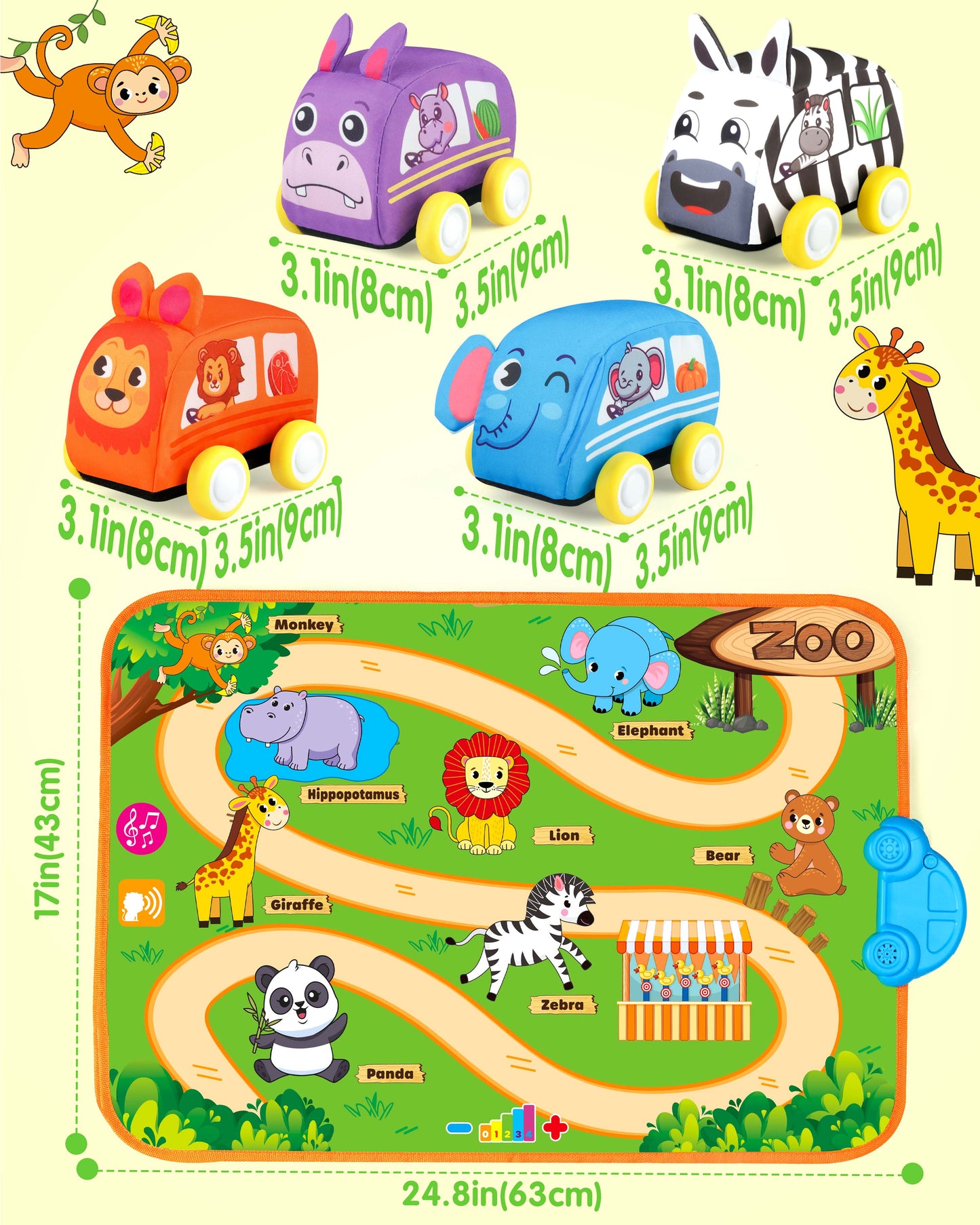 Vanmor Baby Car Toys for 12 Month Old Toys, Musical Playmat with 4 Animal Soft Pull-Back Vehiclefor 1 Year Old