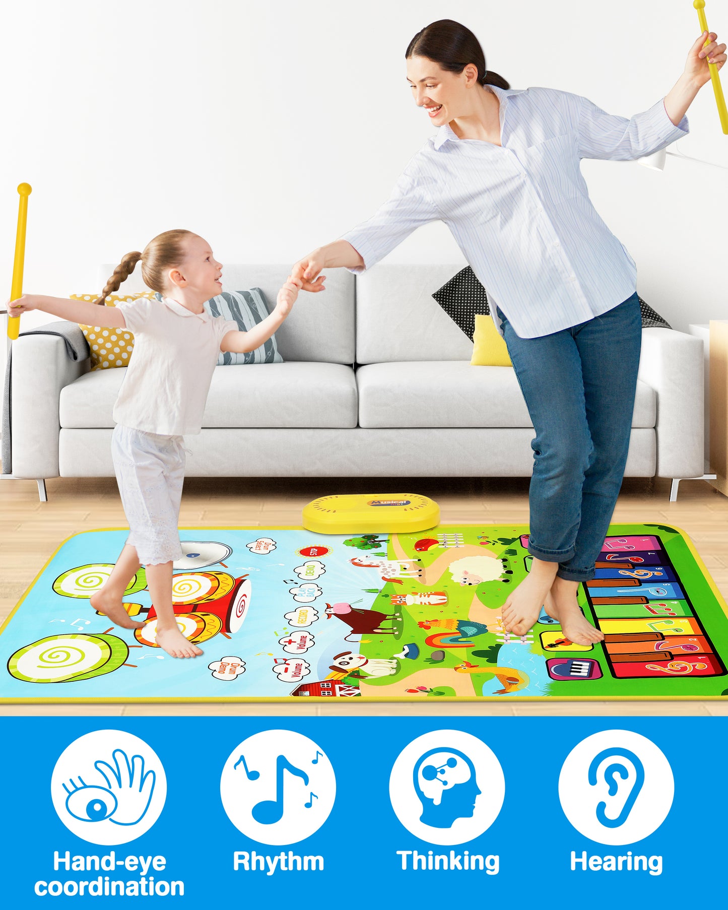 Vanmor Musical Toys Child Floor Piano Keyboard and Drum Mat Carpet with 2 Sticks