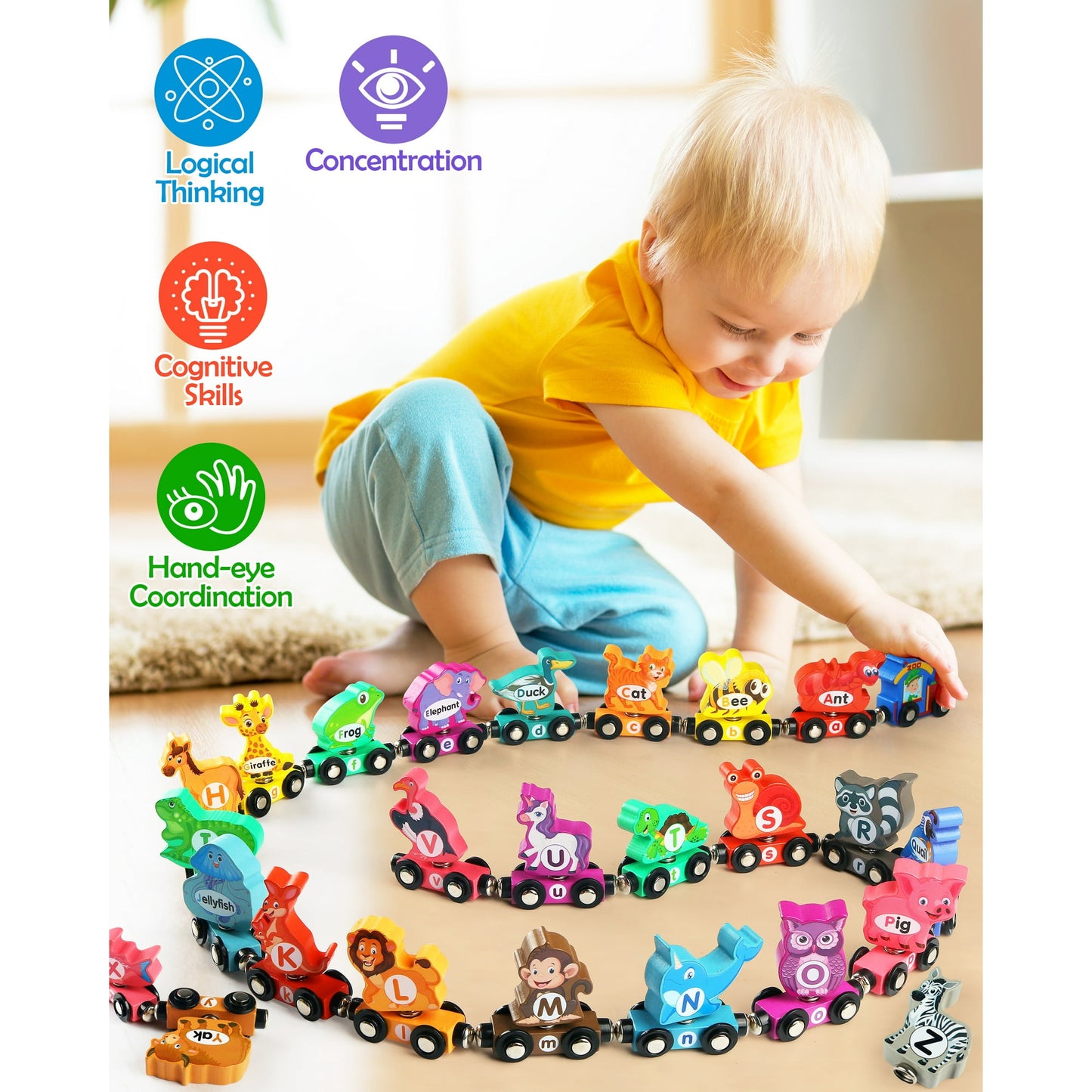 Vanmor Wooden Train Set for Toddlers - Snap-Connection Animal Trains, Magnetic Alphabet Train Learning Toys, STEM Preschool Toys, ABC and Animal Play Set for Kids Ages 3-5 Christmas Gifts for Kids