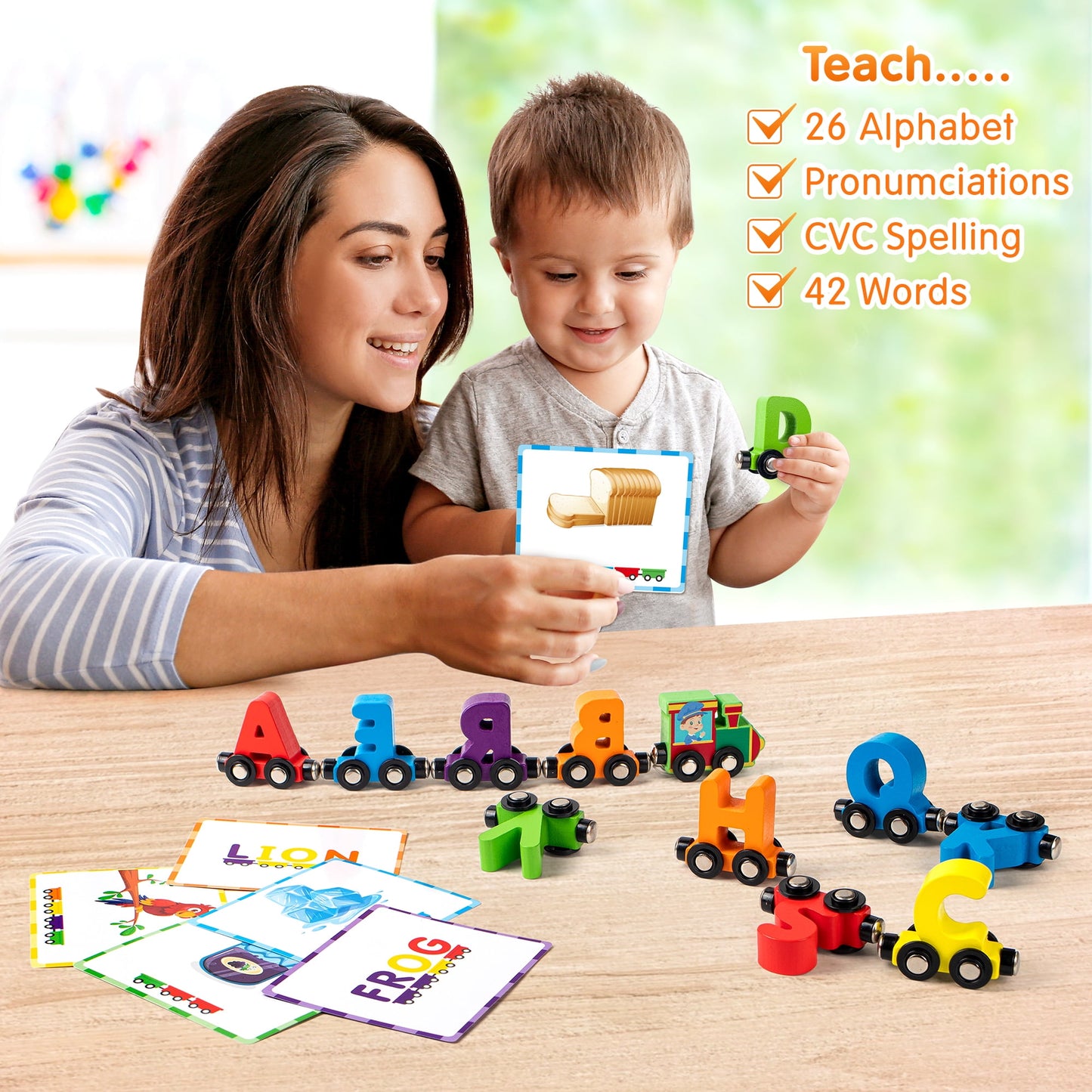 Vanmor 27 PCS Preschool Alphabet Toys Magnetic Wooden Train Sets | ABC Letter Learning Toy Trains with 42 PCS Flash Cards | Kids Boys Girls Educational Toys for 3 4 5 6 7 Years Old