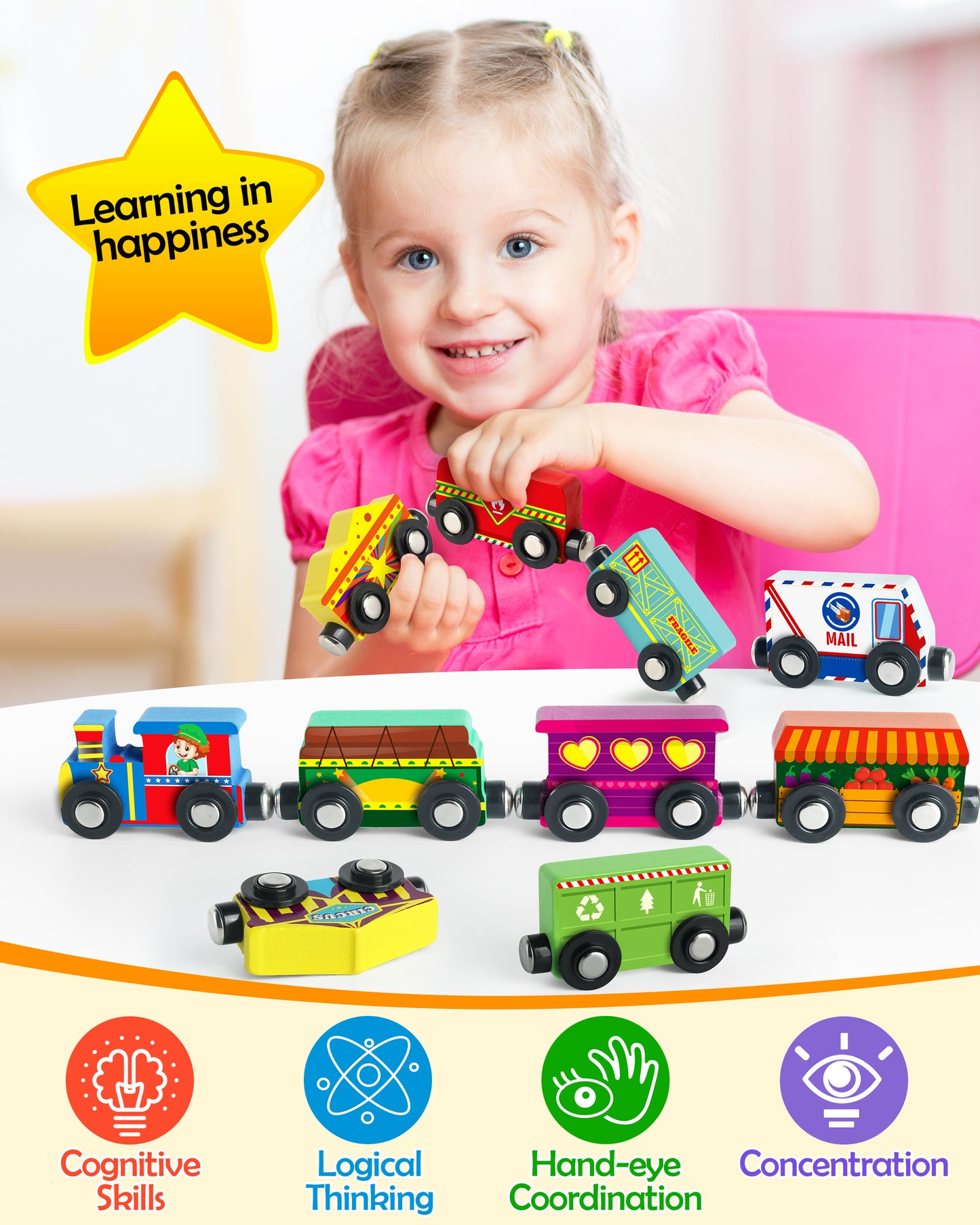 Vanmor Wooden Magnetic Train Set for Toddlers,10-Piece Educational Toy Cars