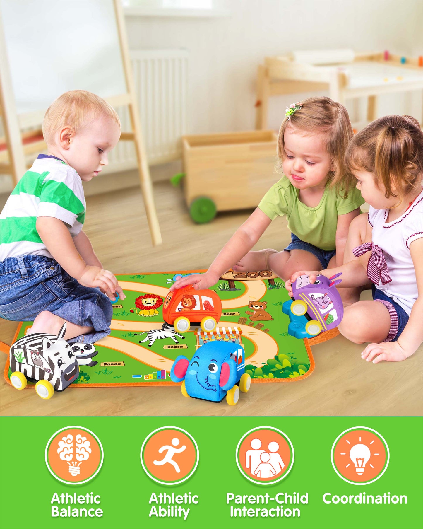Vanmor Baby Car Toys for 12 Month Old Toys, Musical Playmat with 4 Animal Soft Pull-Back Vehiclefor 1 Year Old