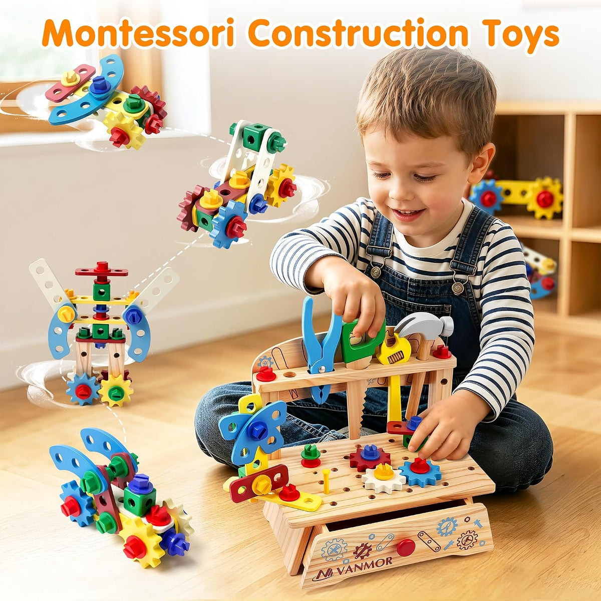 Vanmor Wooden Tool Set for Kids, 57 PCS Portable Toddler Tools with Bench,Montessori STEM Educational Pretend Play Construction Toys,Preschool Learning Gifts for 3-6 Year Old Boys Girls