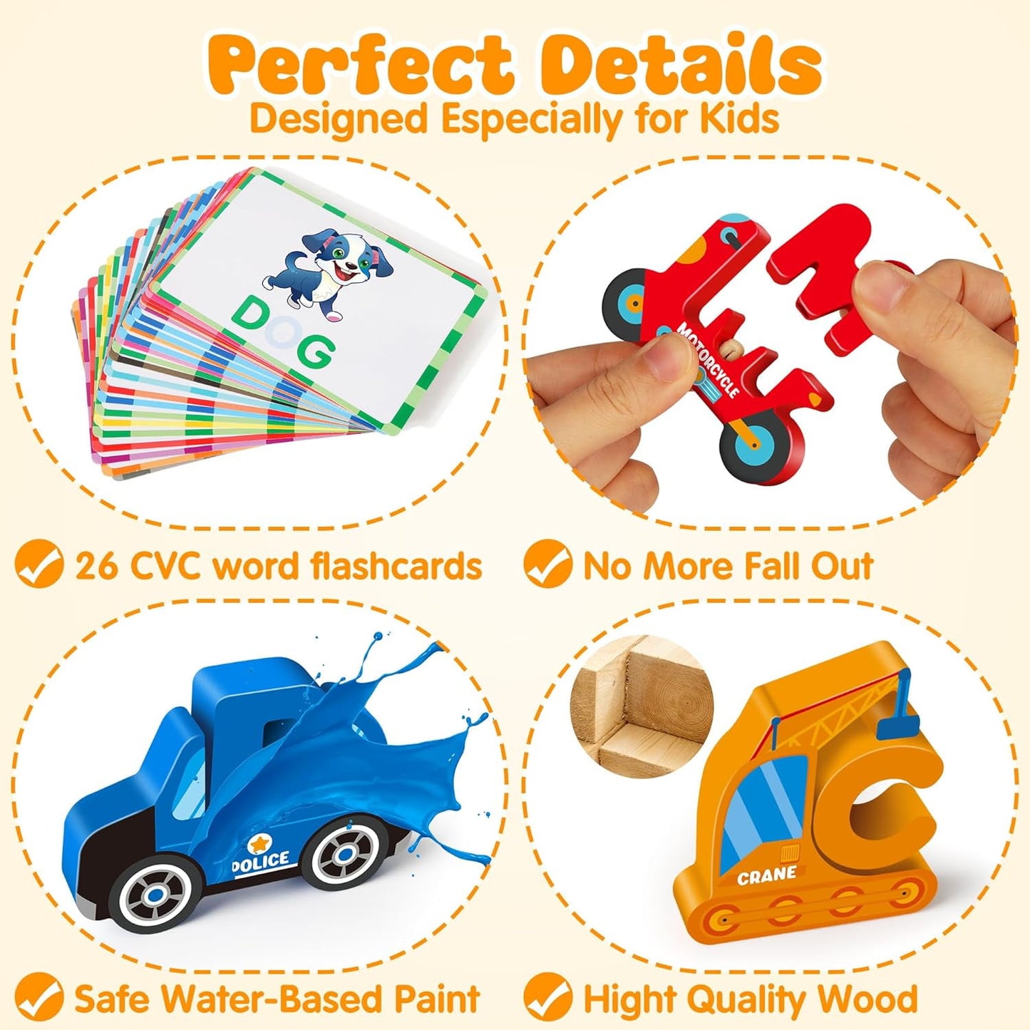 Wooden Alphabet Puzzle Learning Toys for Kids Ages 3-5 , Traffic ABC Letter Sight Words Matching Game with 52 Blocks and Flash Cards, Montessori Spelling Game Preschool Toys for Kids 4-8