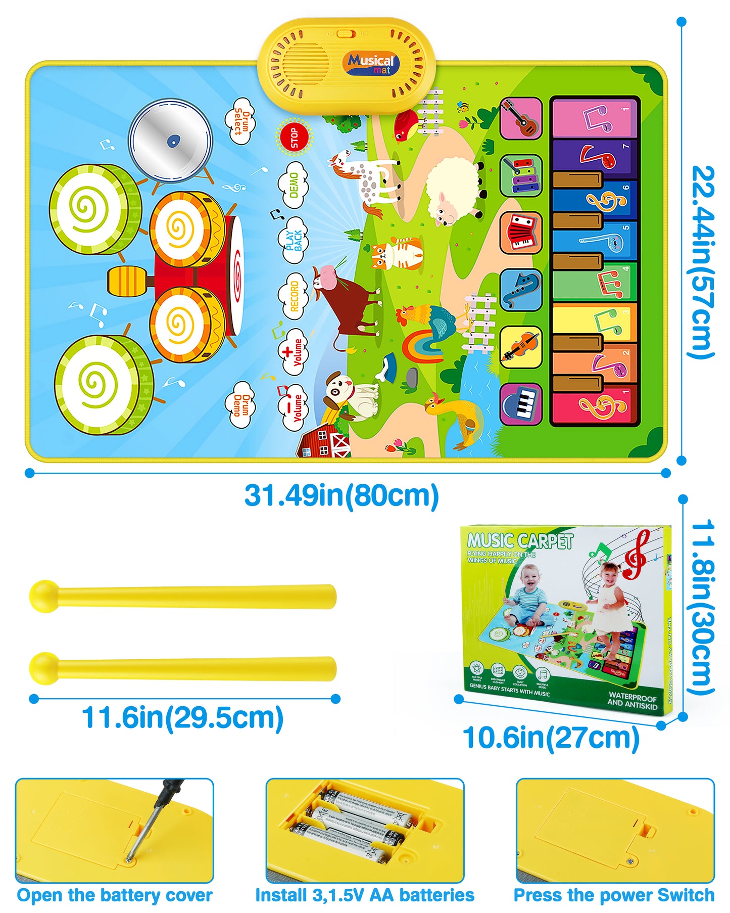 Vanmor Musical Toys Child Floor Piano Keyboard and Drum Mat Carpet with 2 Sticks