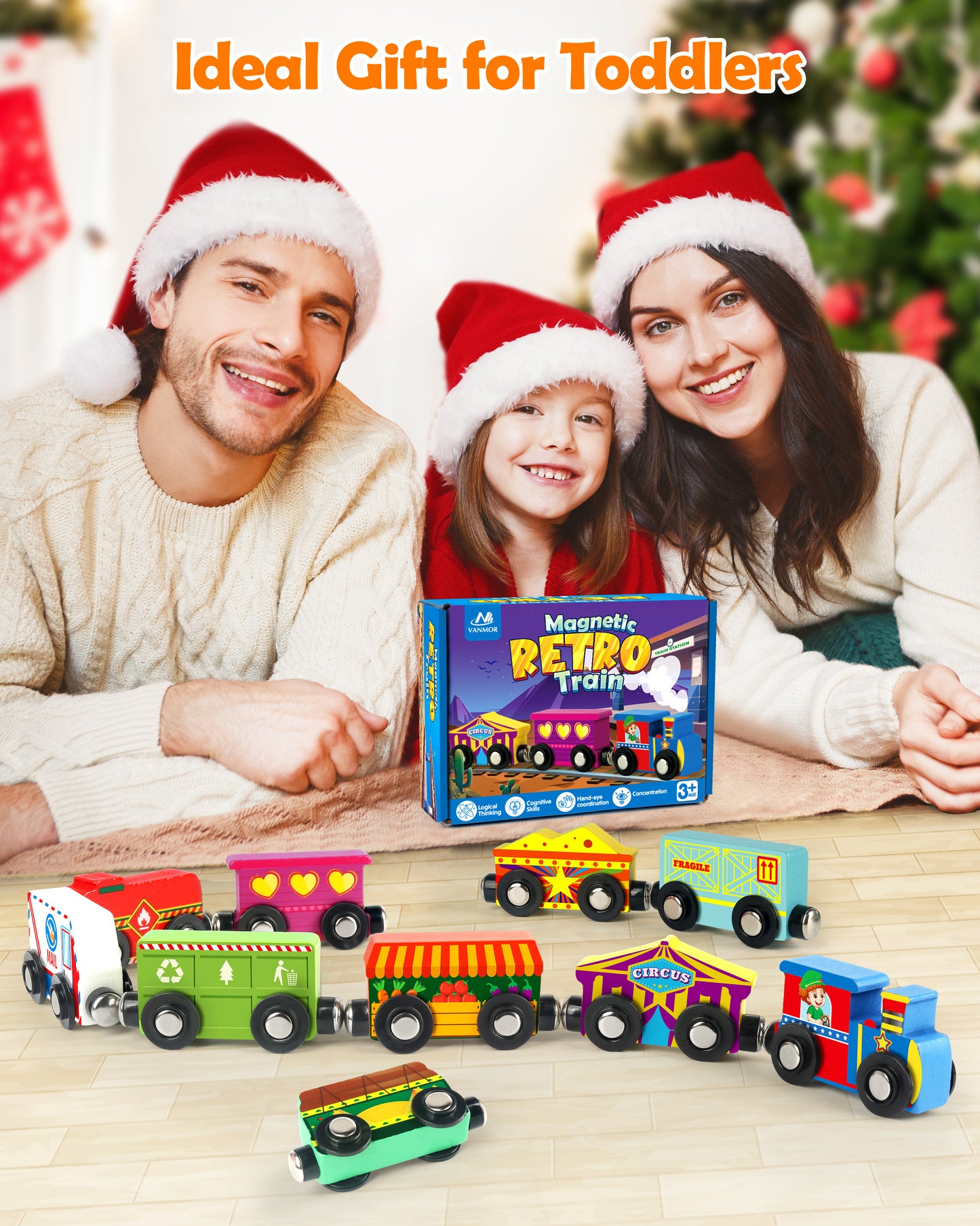 Vanmor Wooden Magnetic Train Set for Toddlers,10-Piece Educational Toy Cars