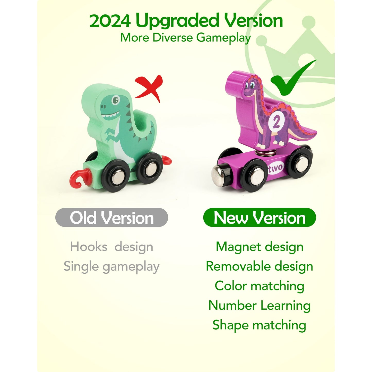 Wooden Train Set with Dinosaurs Toys - Vanmor Toys for Toddlers,Educational Toddler Matching and Magnetic Number Train Learning Toys for Kids Ages 3-5. Montessori Gift for Boys and Girls，11PCS