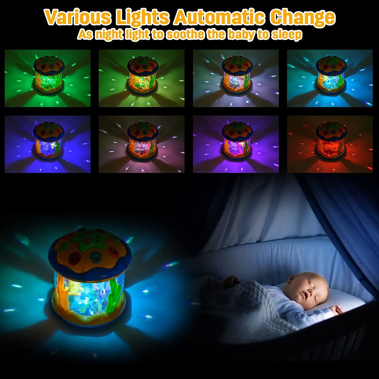 Vanmor Baby Musical Toys with Light Up for Toddlers 1 2 3, Christmas Toys Rotating Ocean Projector Infant Toys 12-18 Month, Sitting Crawling Interactive Toys for Babies, Gifts Toys for Toddler