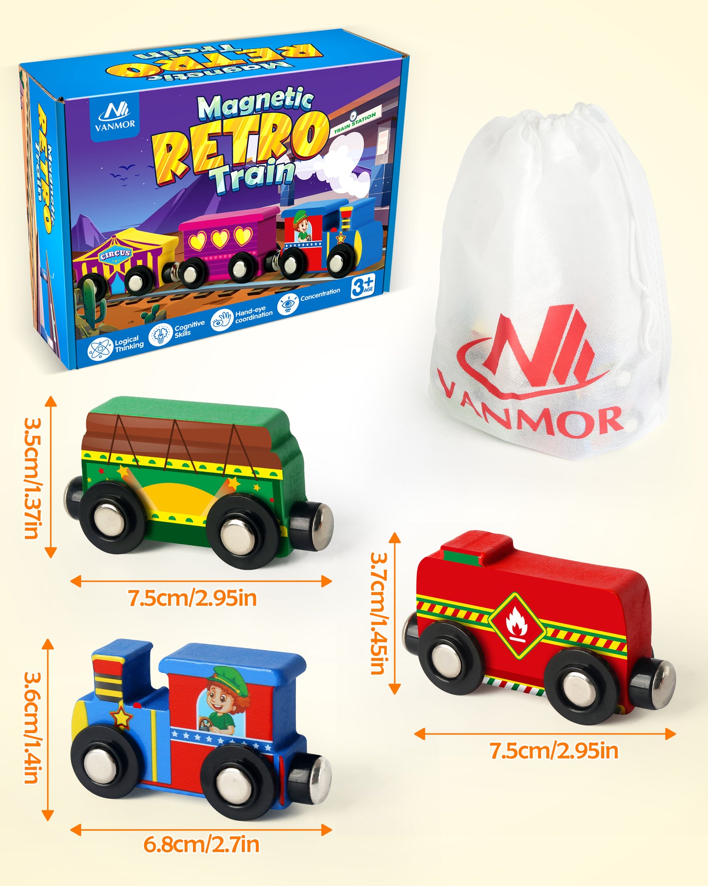 Vanmor Wooden Magnetic Train Set for Toddlers,10-Piece Educational Toy Cars