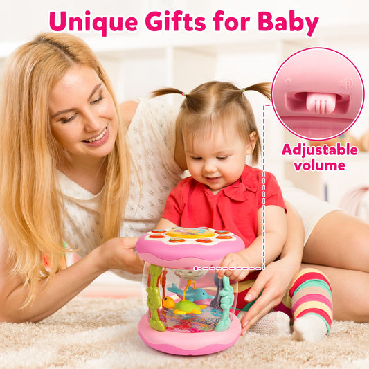 Vanmor Baby Girl Toys 6-12 Months- Pink Musical Light Up Ocean Rotating Tummy Time Infant Learning Crawling Pink Toys Babies Boys 1 2 3 Year Old for Birthday Baby Gifts