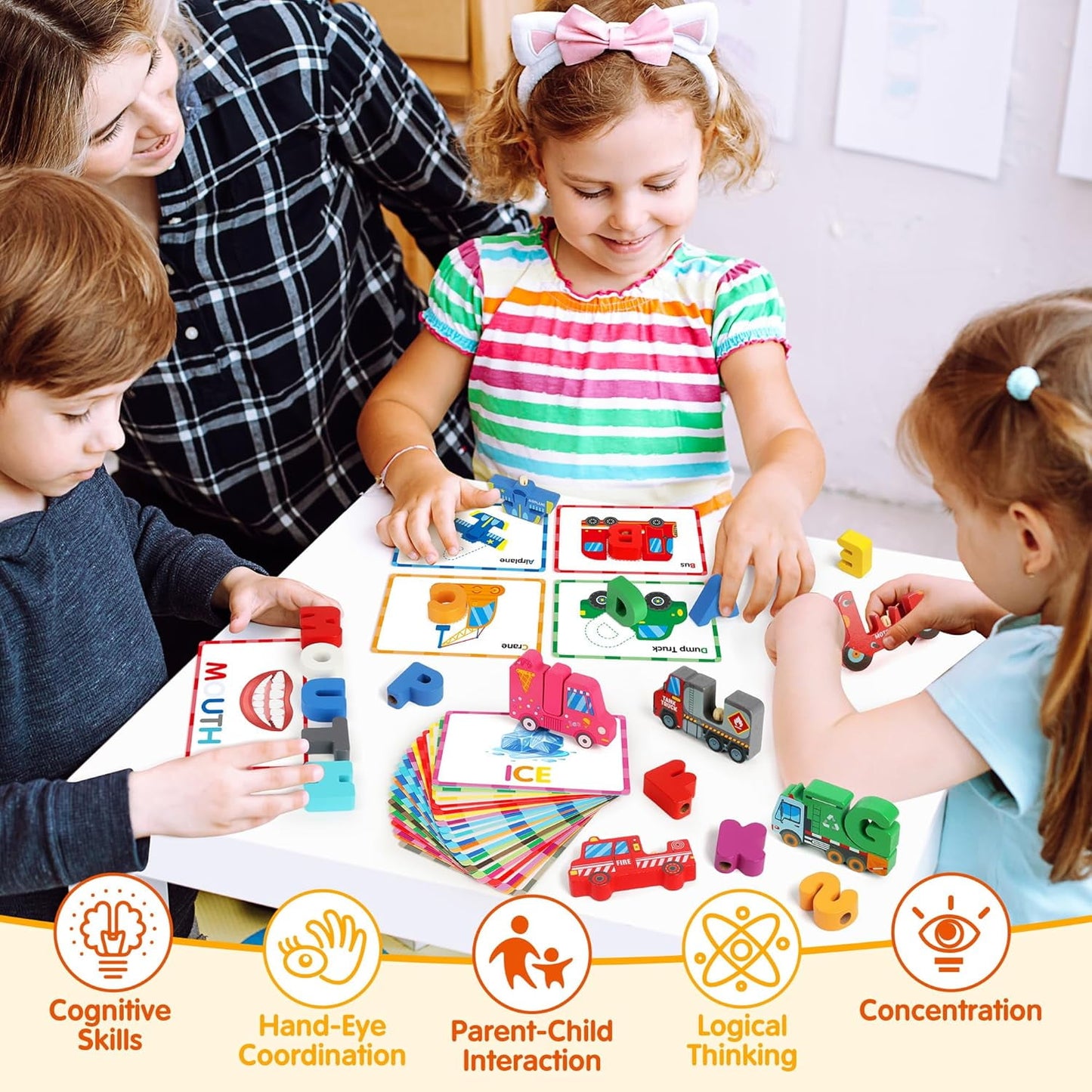 Wooden Alphabet Puzzle Learning Toys for Kids Ages 3-5 , Traffic ABC Letter Sight Words Matching Game with 52 Blocks and Flash Cards, Montessori Spelling Game Preschool Toys for Kids 4-8