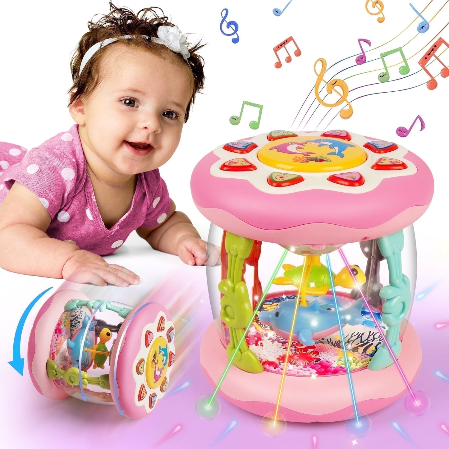Vanmor Baby Girl Toys 6-12 Months- Pink Musical Light Up Ocean Rotating Tummy Time Infant Learning Crawling Pink Toys Babies Boys 1 2 3 Year Old for Birthday Baby Gifts