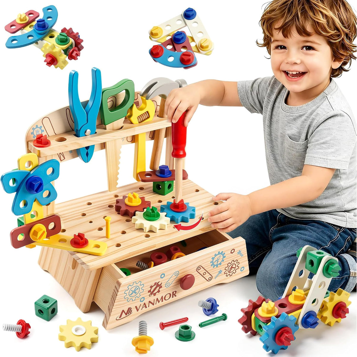 Vanmor Wooden Tool Set for Kids, 57 PCS Portable Toddler Tools with Bench,Montessori STEM Educational Pretend Play Construction Toys,Preschool Learning Gifts for 3-6 Year Old Boys Girls