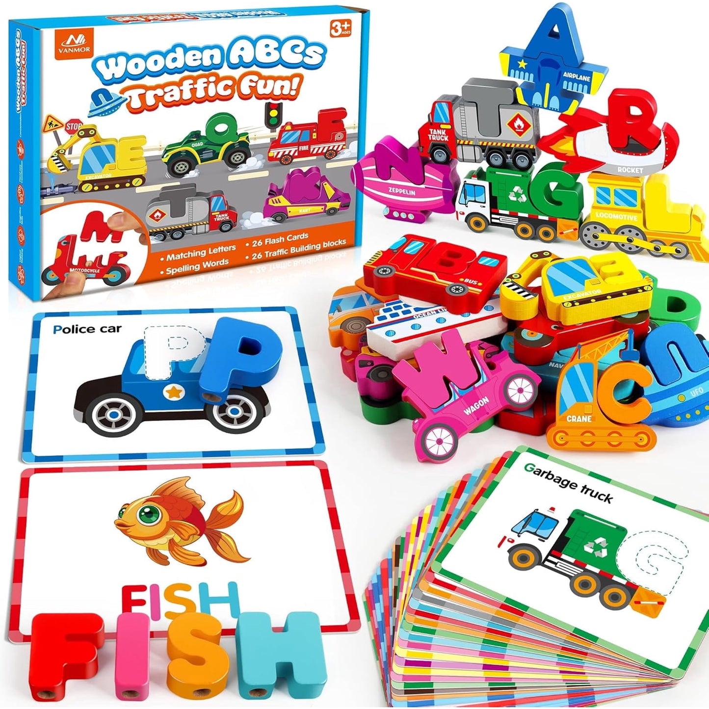 Wooden Alphabet Puzzle Learning Toys for Kids Ages 3-5 , Traffic ABC Letter Sight Words Matching Game with 52 Blocks and Flash Cards, Montessori Spelling Game Preschool Toys for Kids 4-8
