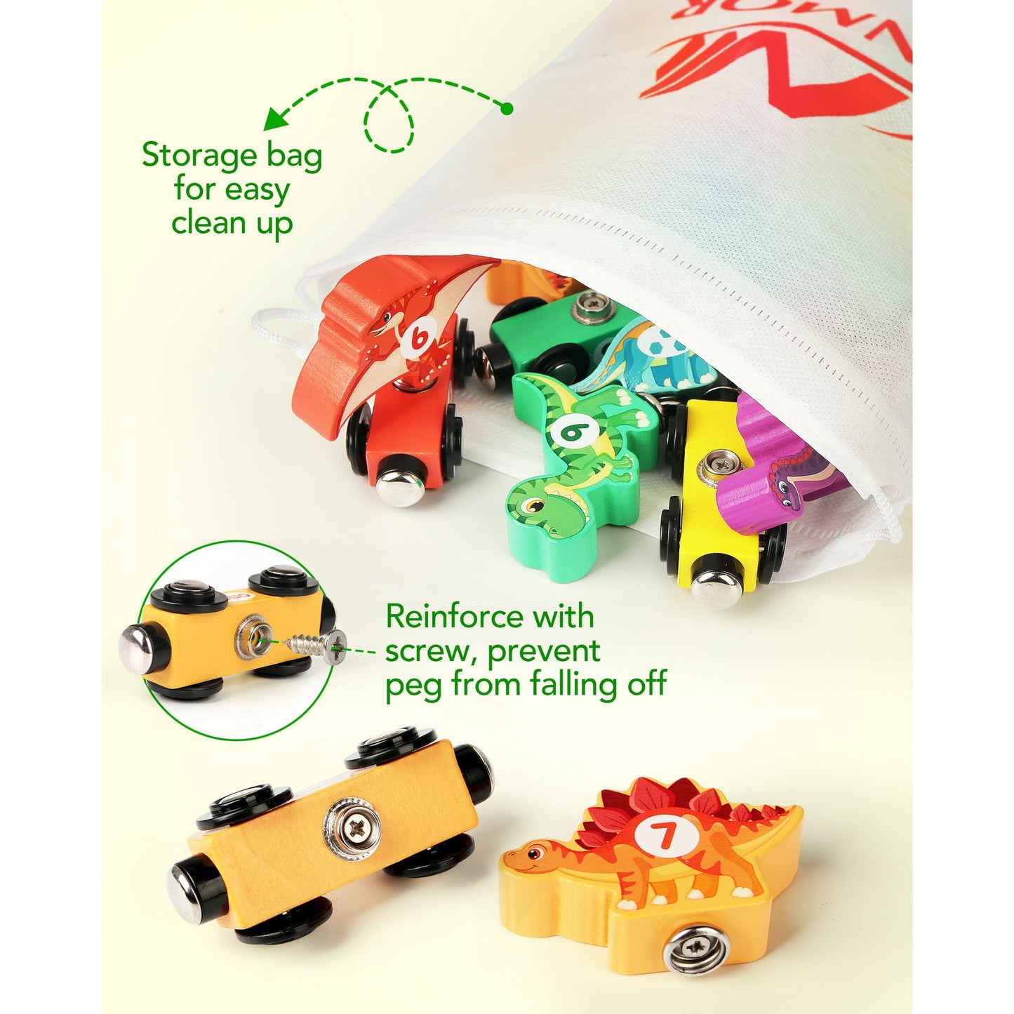 Wooden Train Set with Dinosaurs Toys - Vanmor Toys for Toddlers,Educational Toddler Matching and Magnetic Number Train Learning Toys for Kids Ages 3-5. Montessori Gift for Boys and Girls，11PCS