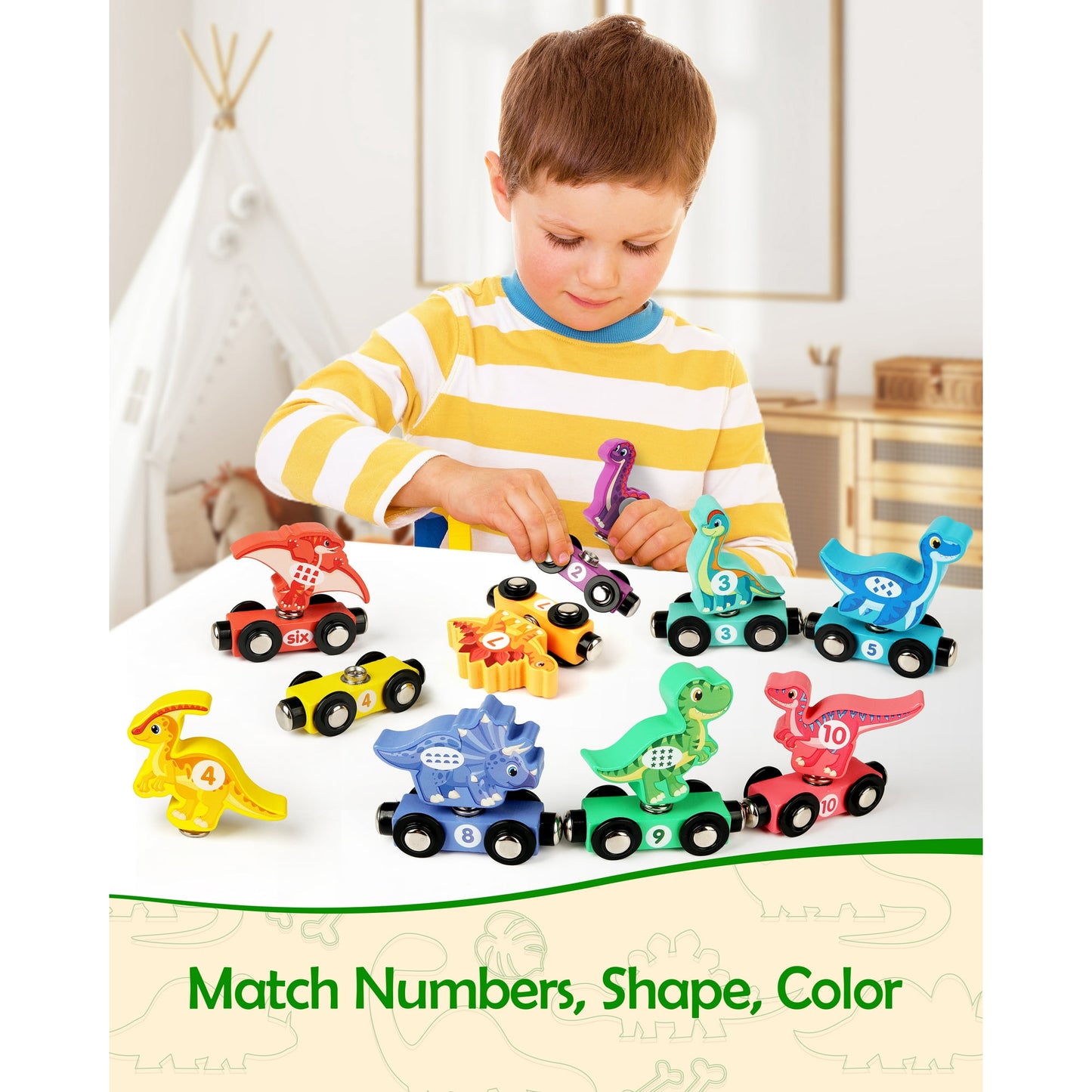 Wooden Train Set with Dinosaurs Toys - Vanmor Toys for Toddlers,Educational Toddler Matching and Magnetic Number Train Learning Toys for Kids Ages 3-5. Montessori Gift for Boys and Girls，11PCS