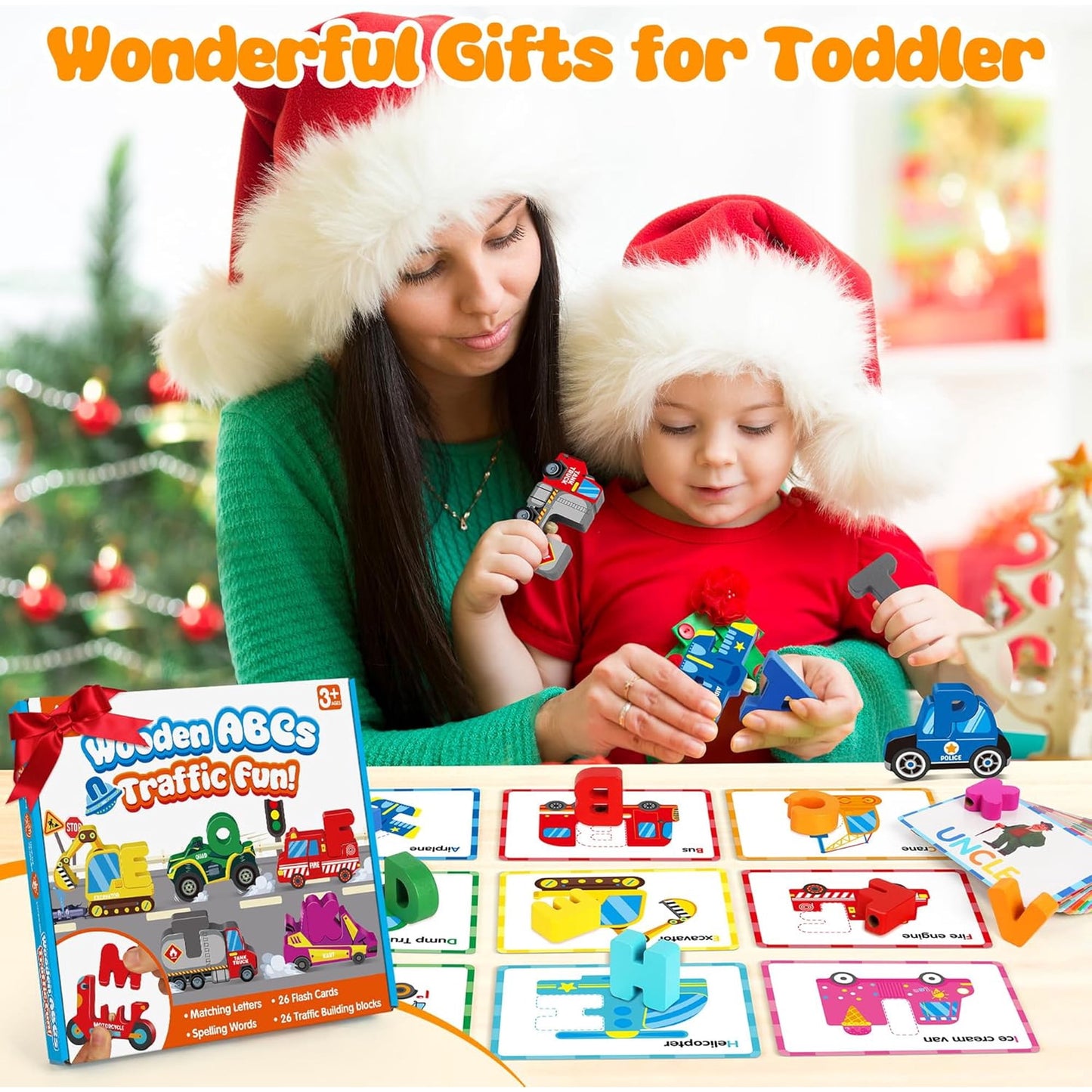 Wooden Alphabet Puzzle Learning Toys for Kids Ages 3-5 , Traffic ABC Letter Sight Words Matching Game with 52 Blocks and Flash Cards, Montessori Spelling Game Preschool Toys for Kids 4-8
