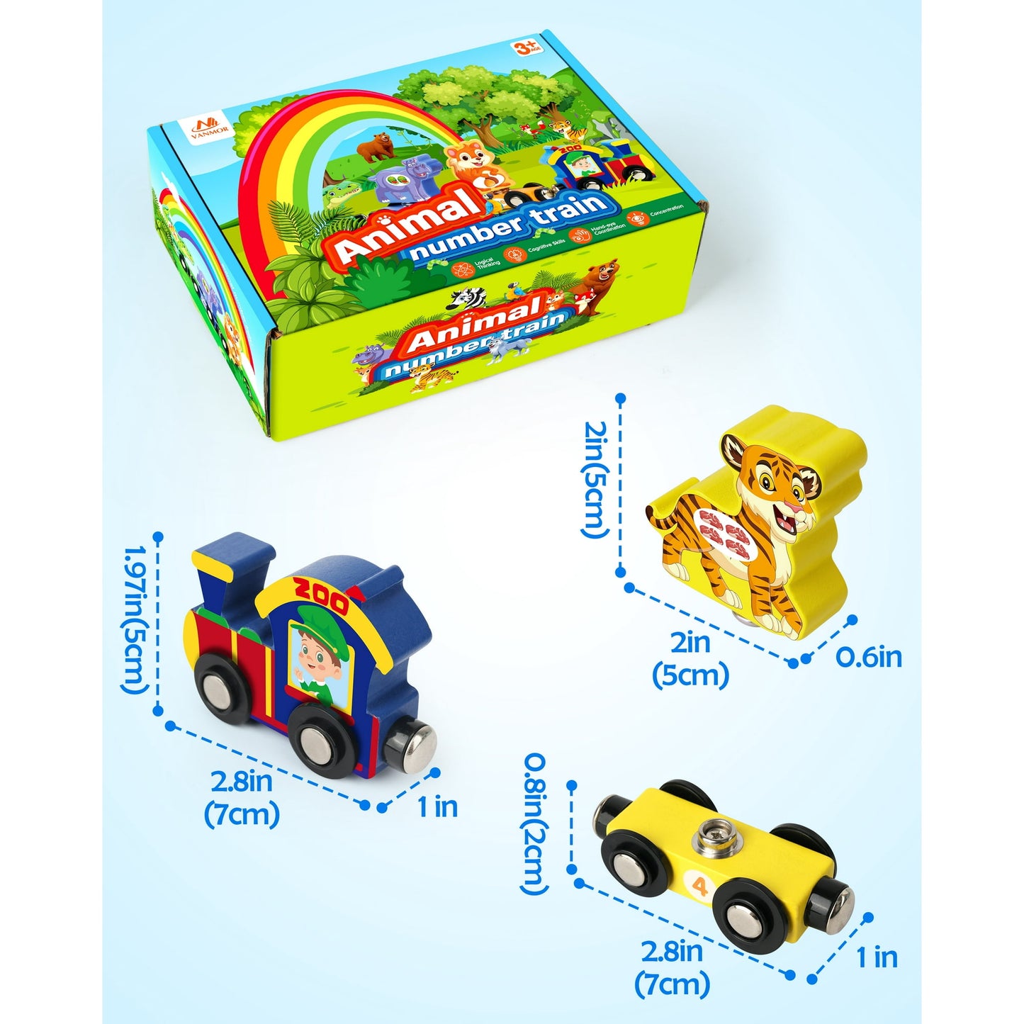 Vanmor Wooden Train Set with Animal Toys, Snap-Connection Animal Train, Matching and Number Train Learning Toys, Fine Motor Skill Educational Toy Gift for 3 4 5 Years Old Kids