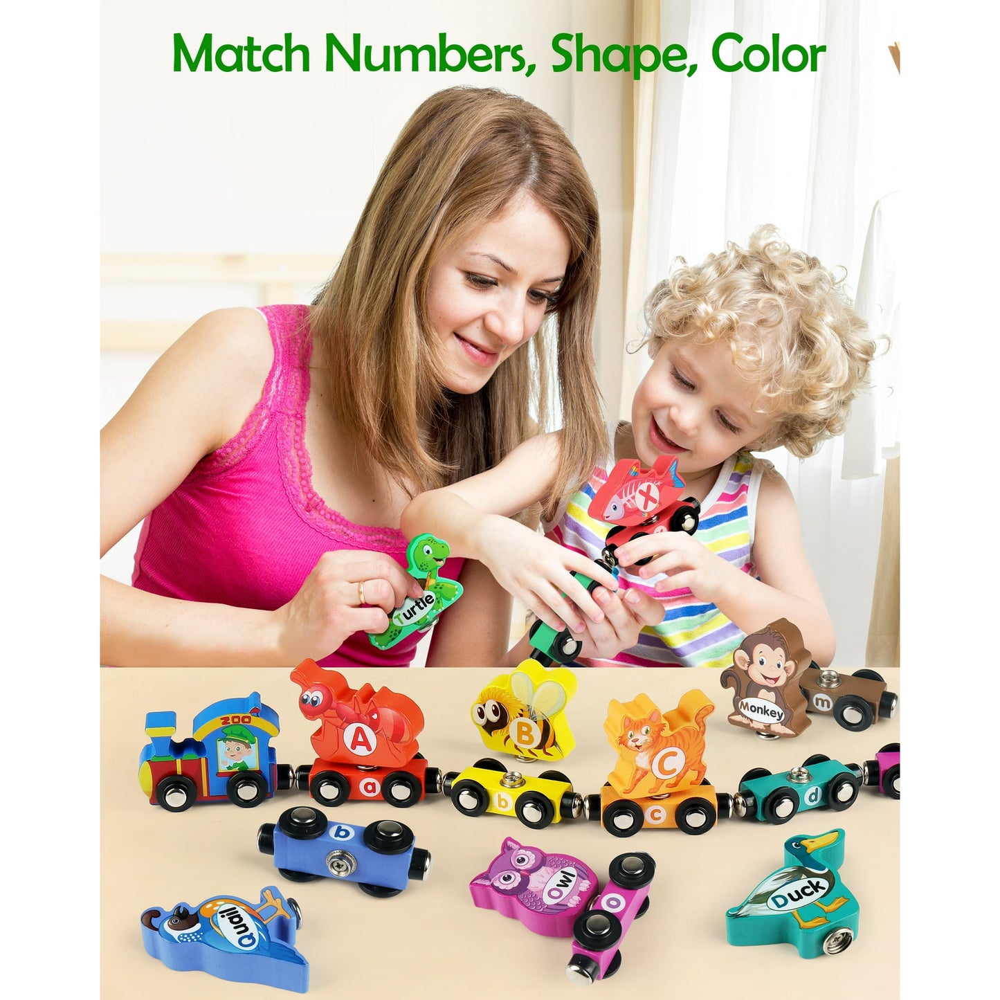 Vanmor Wooden Train Set for Toddlers - Snap-Connection Animal Trains, Magnetic Alphabet Train Learning Toys, STEM Preschool Toys, ABC and Animal Play Set for Kids Ages 3-5 Christmas Gifts for Kids