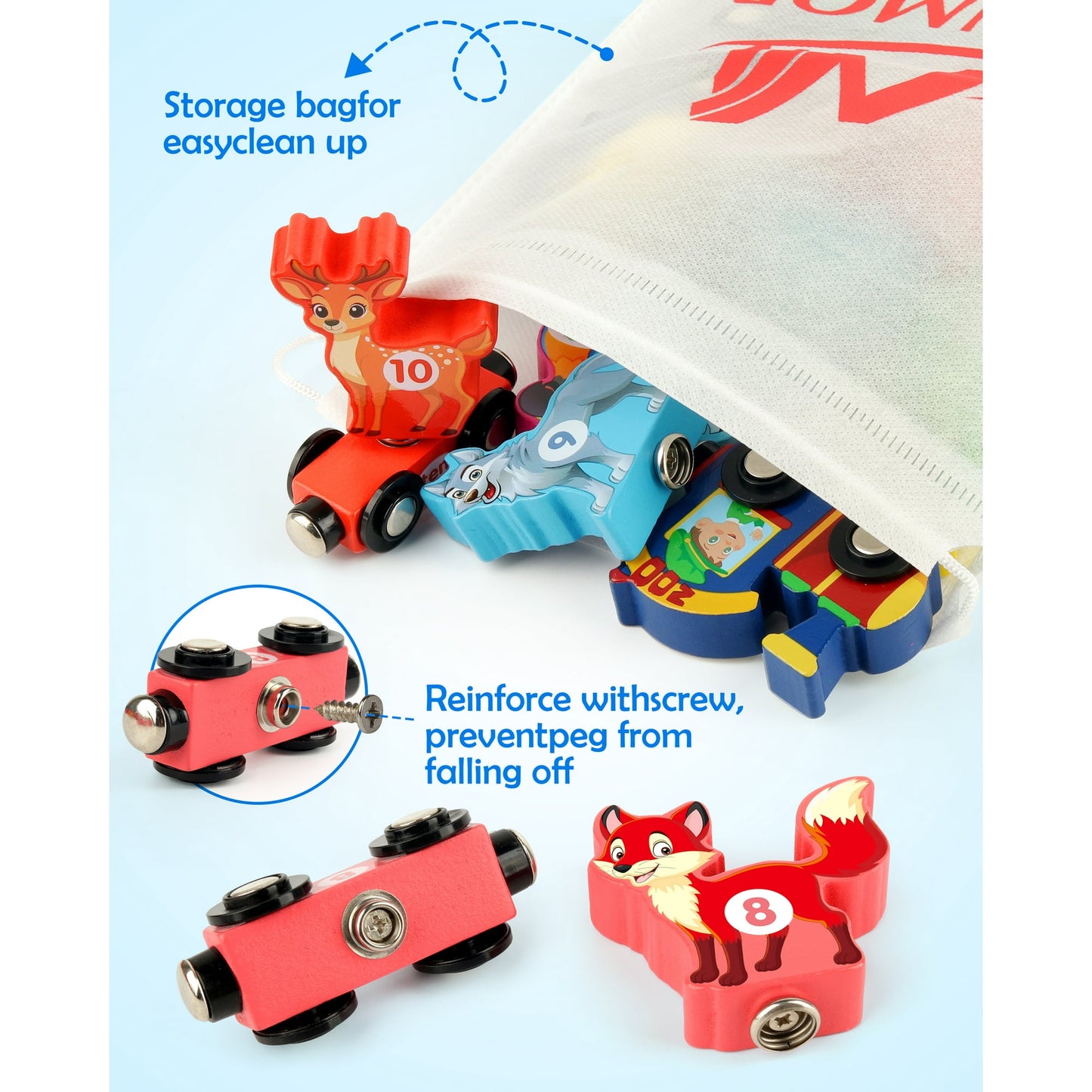 Vanmor Wooden Train Set with Animal Toys, Snap-Connection Animal Train, Matching and Number Train Learning Toys, Fine Motor Skill Educational Toy Gift for 3 4 5 Years Old Kids