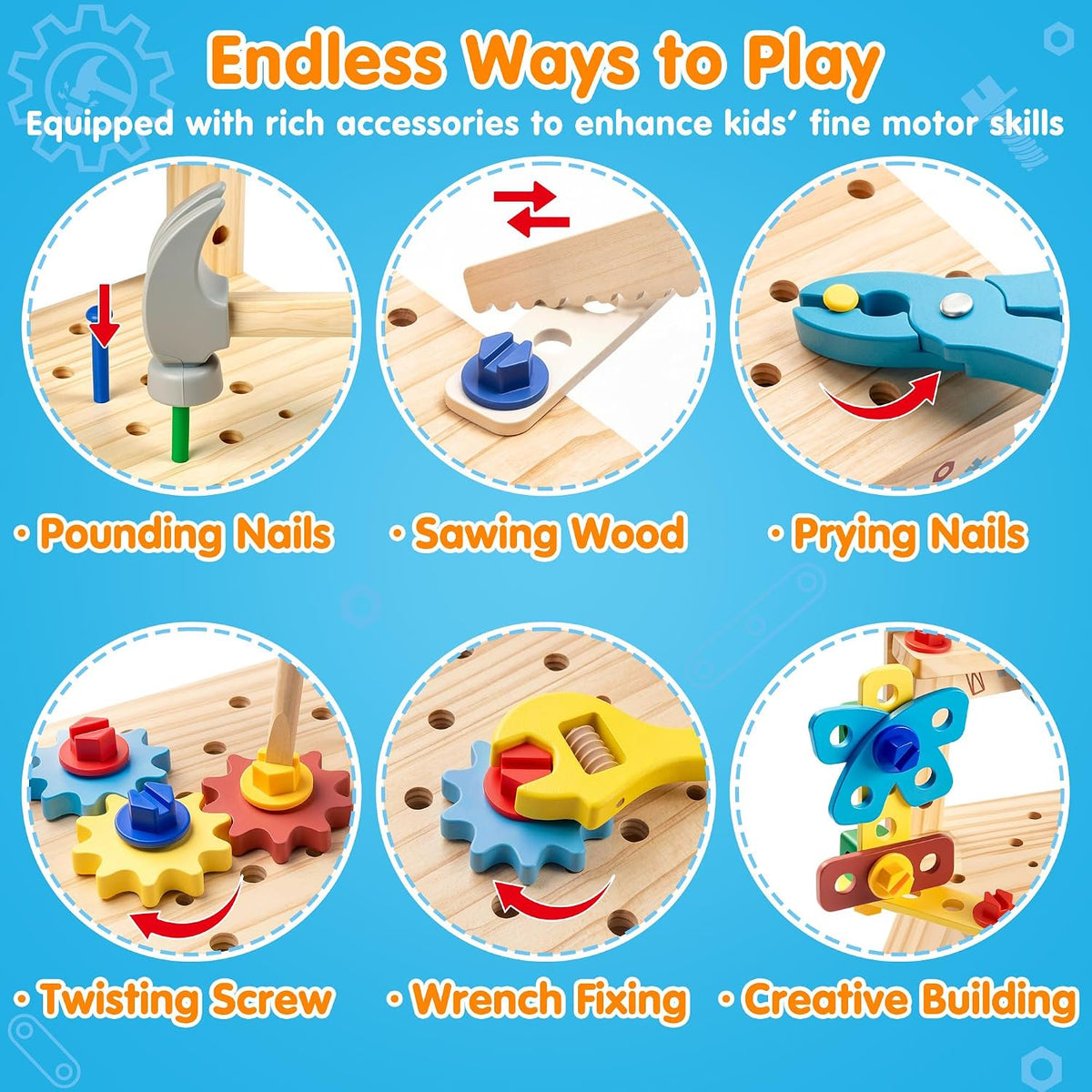 Vanmor Wooden Tool Set for Kids, 57 PCS Portable Toddler Tools with Bench,Montessori STEM Educational Pretend Play Construction Toys,Preschool Learning Gifts for 3-6 Year Old Boys Girls