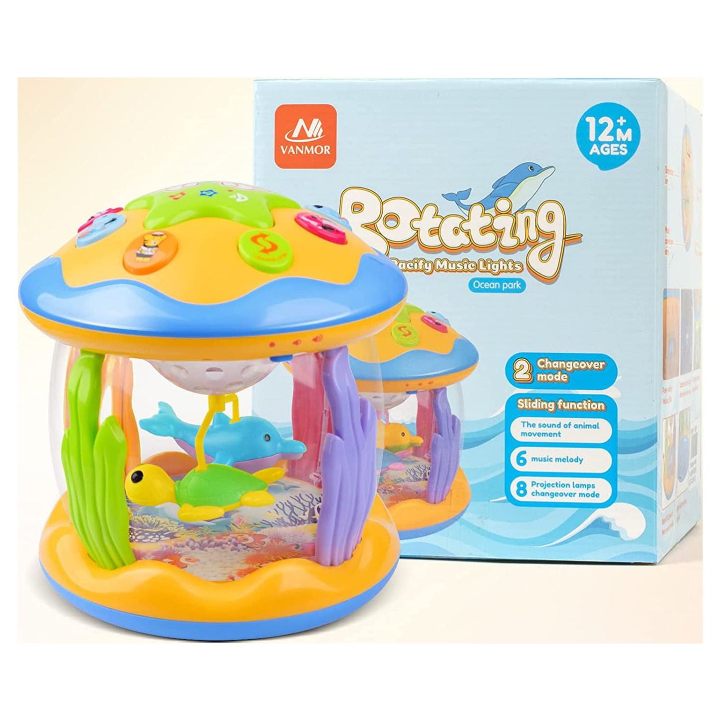 Vanmor Baby Musical Toys with Light Up for Toddlers 1 2 3, Christmas Toys Rotating Ocean Projector Infant Toys 12-18 Month, Sitting Crawling Interactive Toys for Babies, Gifts Toys for Toddler